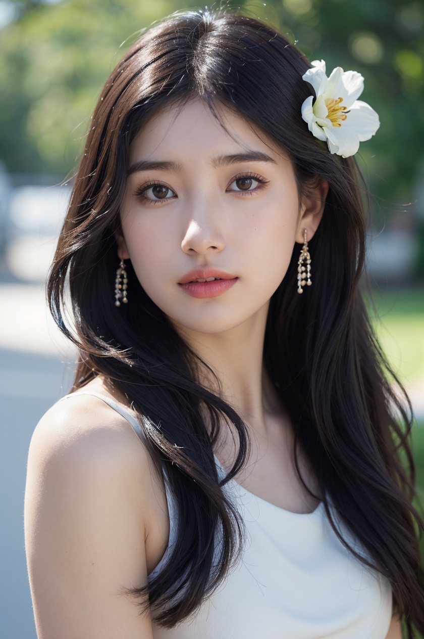 1girl, solo,(front view:1.2),(looking_at_viewer:1.4),(eye-contact:1.4),,black hair, long hair, jewelry, realistic, earrings, hair ornament, black eyes, lips, collarbone, parted lips, flower, watermark, upper body, portrait, hair flower, dress, web address,  <lora:YG红颜阁美女6:0.8>,