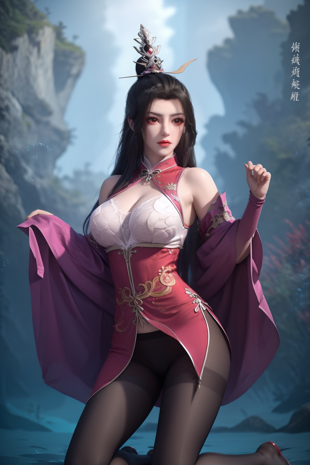 1girl,underwater,submerged,floating hair,air bubble,holding breath,see-through,masterpiece,best quality,highly detailed,fish,(wide hip:1.2),jellyfish,earrings,hair ornament,sea weed,coral reef,shark,sea turtle,sexy pose,kneeling,chinese dress,chinese clothes,big breasts,(looking at viewer:1.2),black pantyhose,arms up,torn pantyhose,