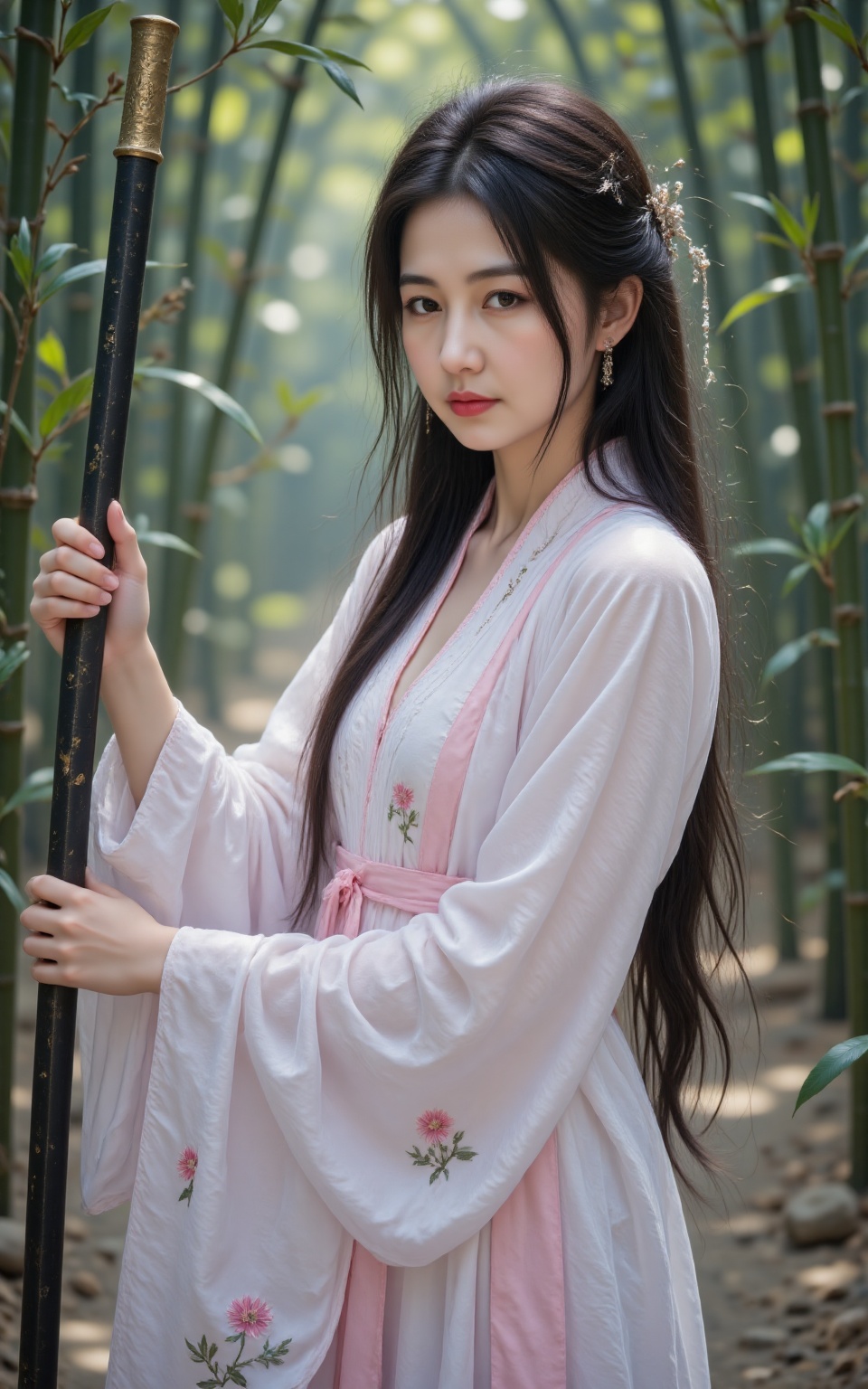 RUNYAN, RUNYAN and she wore a traditional Chinese cheongsam in white and pink with flowers embroidered on the hem. She stood in a bamboo forest She had fair skin her long black hair was adorned with hairpins holding a black and gold colored sword. 