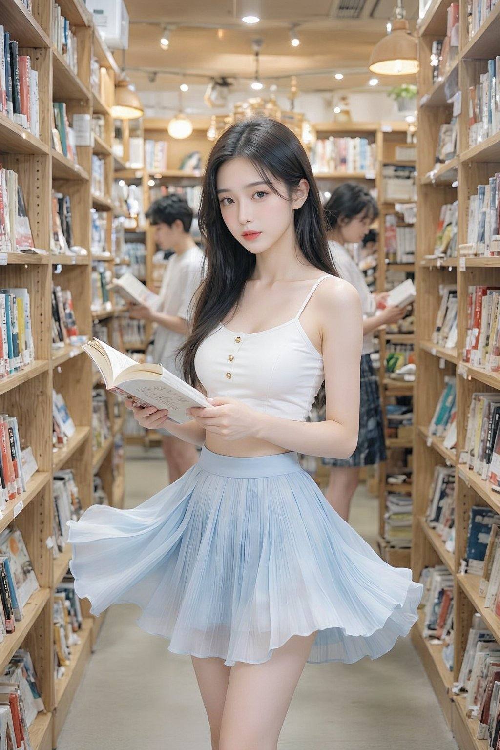 照片捕捉到图书馆一条静谧狭窄的过道，两侧排列着木质书架。一位年轻的亚裔女子站在前景中，她肤色白皙，一头乌黑长发，五官精致。她身穿一件白色吊带露脐上衣，领口处饰有金色小扣，下身搭配一条浅蓝色高腰超短百褶裙，裙子飘逸灵动。她手上拿着一本打开了的书，营造出一种柔美空灵的美感。背景中还有其他读者在阅读，更添一份宁静的学术氛围。温暖柔和的灯光进一步增强了图书馆舒适而充满智慧的氛围。