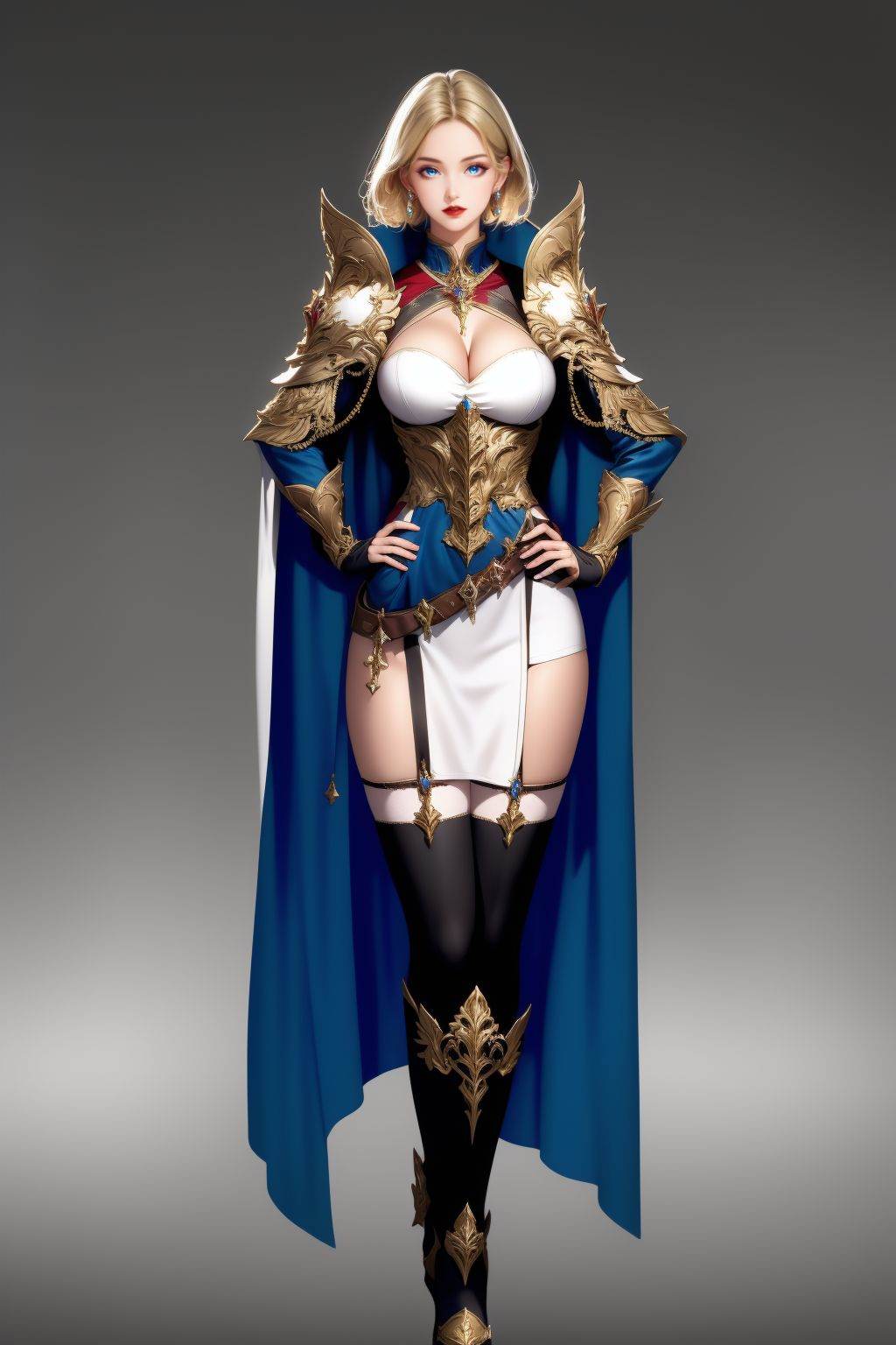 <lora:20250501_AgainGameCharacterLora:1>, 1girl, solo, breasts, blonde hair, thighhighs, armor, full body, shoulder armor, boots, looking at viewer, hand on own hip, cleavage, blue eyes, earrings, jewelry, pelvic curtain, pauldrons, standing, belt, cape, white thighhighs, knee boots, garter straps, medium breasts, fingernails, lips, leotard, short hair, red lips, black footwear, vambraces, large breasts, grey background, smoke, weapon, single pauldron, simple background, long sleeves, detached sleeves, sheath, closed mouth, asymmetrical clothes, collar, fingerless gloves, gradient background, medium hair, parted lips, puffy sleeves, blood