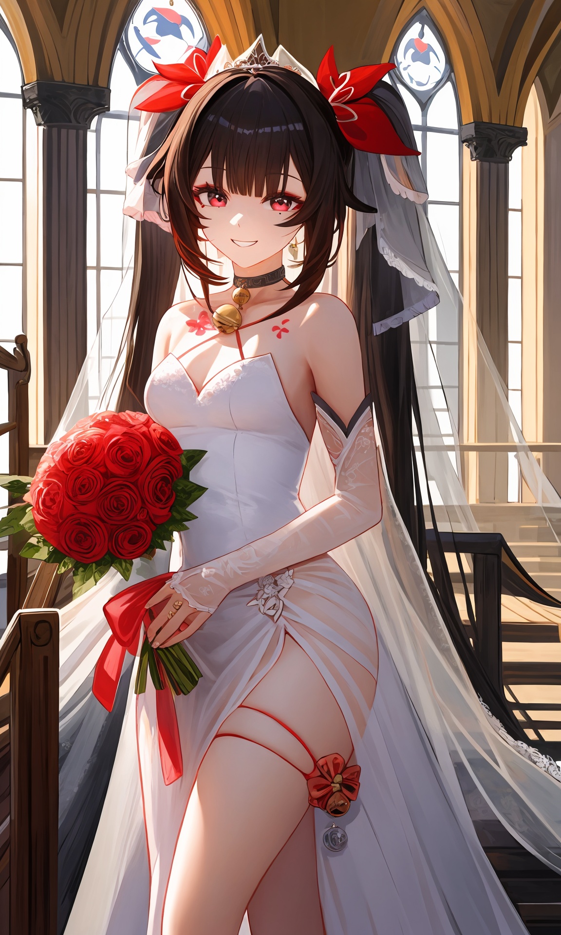 <lora:花火v2:1:lbw=char>,1girl,huahuo,twintails,bare shoulders,jingle bell,choker,tattoo,evil smile,mole under eye,wicked smile,wedding dress,bridal veil,bouquet,smiling,standing in front of church,sunny day,photography,<lora:nai3画风bysdlion-000035:1:lbw=OUTALL>,thigh strap,, (masterpiece,best quality,high quality:1.2),absurdres,