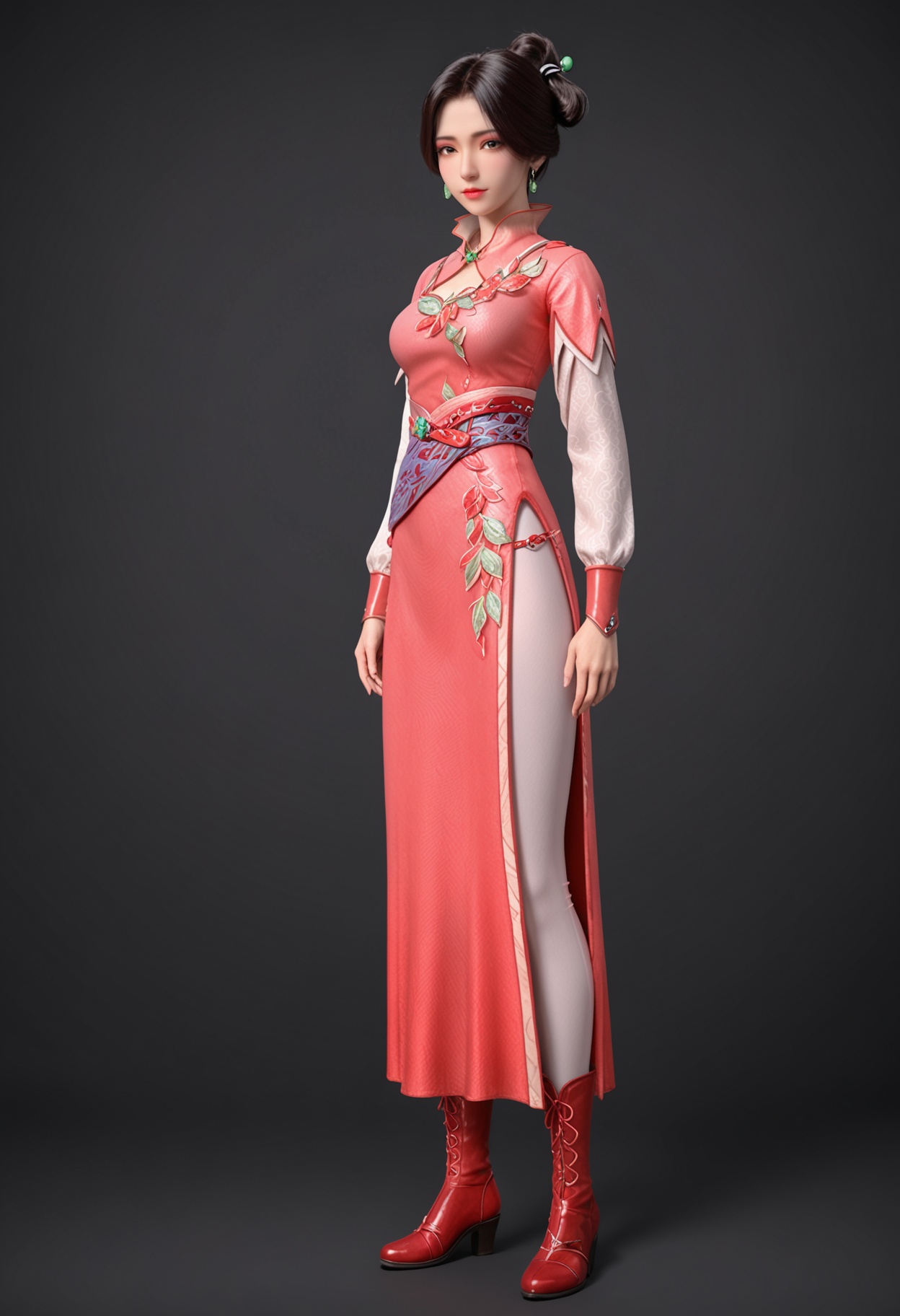 (full_body:1.1),(looking at viewer:1.1),facing viewer,direct gaze,<lora:YQ_pony_jimohuaxue_V5:0.8>,1girl,q1528437228,solo,black hair,jewelry,pink dress,earrings,short hair,hair bun,hair ornament,brown eyes,brown hair,long sleeves,chinese clothes,single hair bun,high collar,boots,red footwear,black eyes,sash,side slit,necklace,pantyhose,BREAK simple background,pure black background,black background,perfect anatomy,