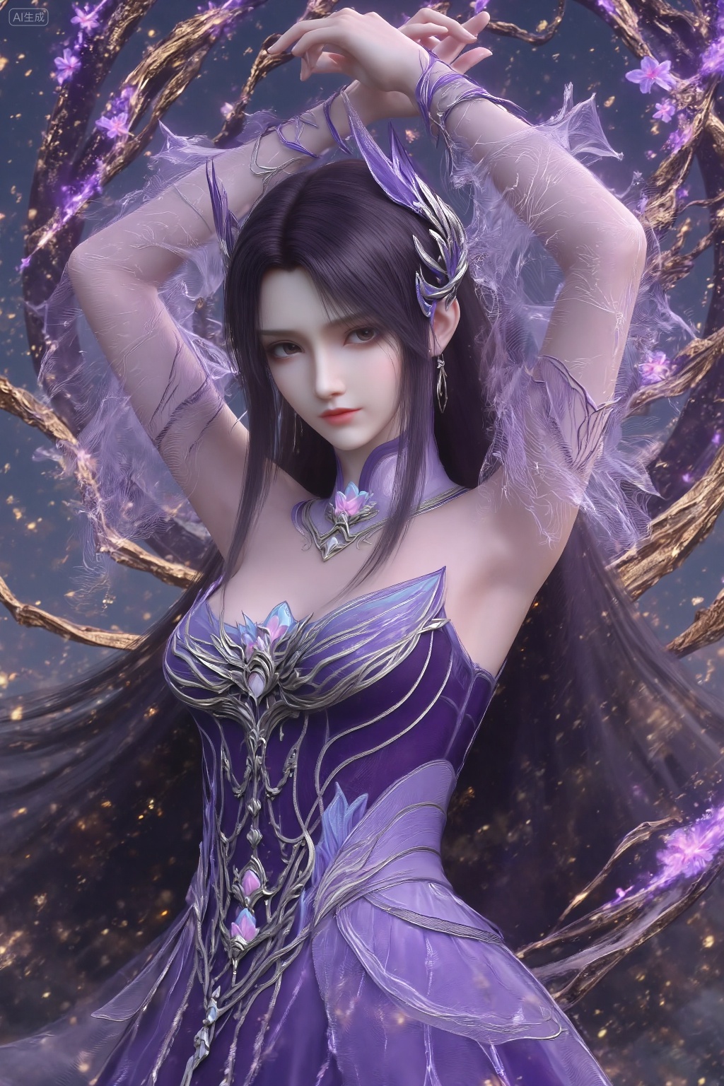 A digital artwork of a beautiful,ethereal woman with long,dark hair and pale skin,wearing a flowing,purple,semi-transparent dress adorned with intricate floral patterns and glowing purple accents. a woman's legs in elegant,sheer purple stockings adorned with intricate floral patterns and silver accents,paired with matching high-heeled shoes.,, She stands upright with her arms raised above her head,hands clasped together. Her elbows are slightly bent,and her shoulders are relaxed. This pose elongates her neck and highlights the elegance of her attire.,, best quality,astonishing quality,ultimate aesthetics,absurd,best quality,ultimate aesthetics,masterpiece,emotional masterpiece,extraordinary above all,mastery of details,, Negative prompt: ng_deepnegative_v1_75t,(badhandv4:1.2),EasyNegative,(worst quality:2),,nsfw, Steps: 30, Sampler: DPM++ 2M, CFG scale: 3.5, Seed: 2768600787, Size: 1024x1536, Model hash: 062dad72b2, Model: 麦橘超然majicFlus_v1.safetensors, Denoising strength: 0, RNG: CPU, Lora 1: 《金芒逸凤》唯美古风主题风格化lora|摄影|海报设计, Lora Hash 1: 779d600c15, Lora Weight 1: 0.7, Lora 2: 极致逼真美感模型, Lora Hash 2: 3ef31b4d84, Lora Weight 2: 1.05, Controlnet 0: "preprocessor: dw_openpose_full, model: InstantX-FLUX.1-dev-Controlnet-Union-Pro-2.0, weight: 0.7, starting/ending: (0.0, 0.7), resize mode: Crop and Resize, pixel_perfect: False, control mode: Balanced, preprocessor params: (512, None, None)", vae_name: automatic