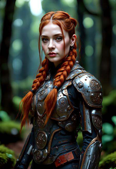 vikingpunk style  mature  professional model female (XX) chinese, pale skin, brown eyes, character, Curvy build, medium single braid ginger hair, ,, wearing a forged steel steampunk Viking exosuit, bionic-enhanced boots, rune-engraved Viking helmet, set in  a vibrant runestone forest, bioluminescent moss illuminates intricate carvings on the stones, amidst the metallic glint of integrated technology, a place of eerie beauty. , at daybreak,,