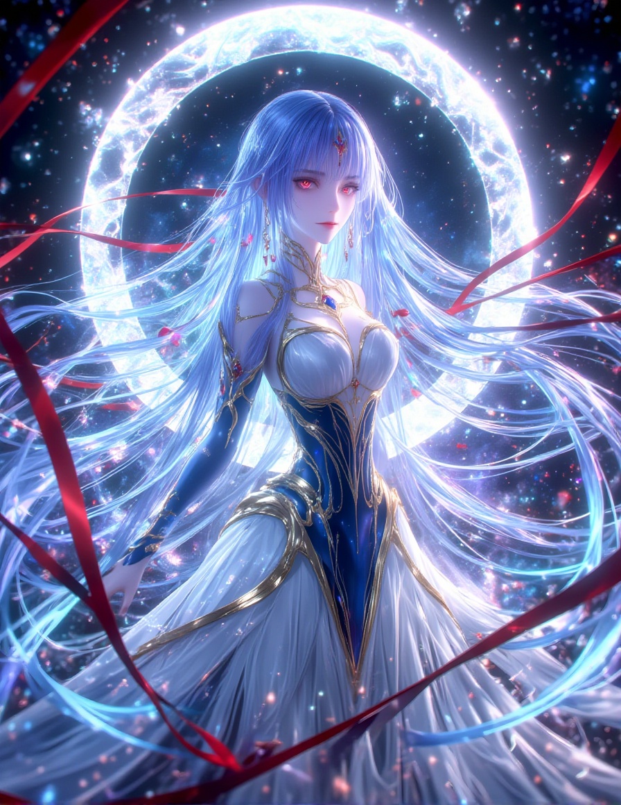 A digital illustration shoot from a profile camera angle about a mystical female character with long, flowing blue hair and a glowing, circular light behind her. the image also shows intricate details and vibrant colors. on the middle of the image, a 1woman, who appears to be a young *****, is standing, looking at the viewer with a serene expression, wearing a futuristic, white and blue outfit with gold accents. she has long hair with blue and purple streaks, and her hair style is long hair. her hair color is blue hair, and she has red eyes. she is wearing earrings and has a closed mouth. her body is slim and her expression is calm. the background is a cosmic scene with a large, glowing halo behind her, surrounded by swirling red and blue ribbons，1girl, solo, long hair, blue hair, red eyes, hair ornament, looking at viewer, upper body, earrings, dress, jewelry,<lora:动漫美女2 (1):1>,