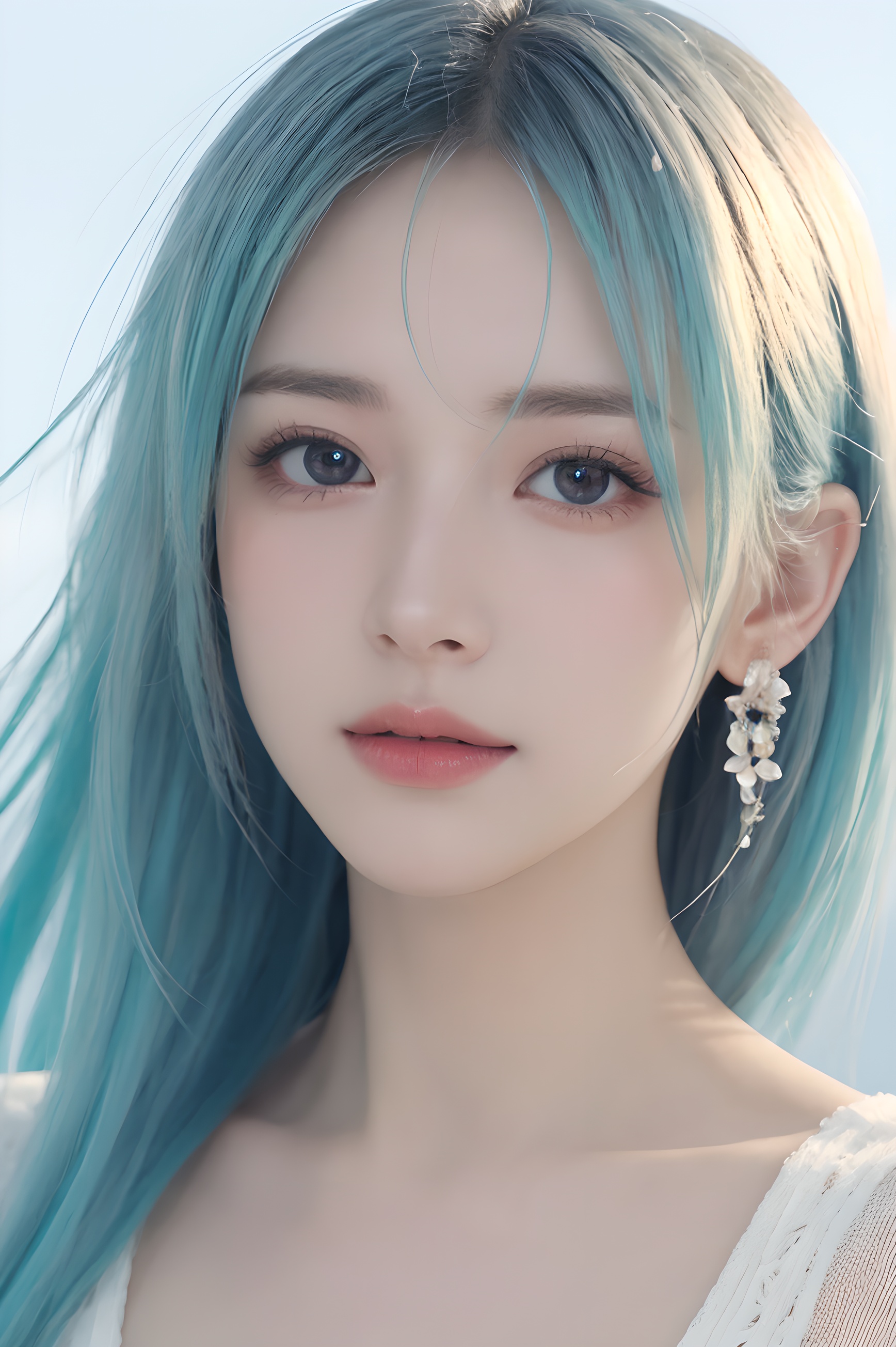 1girl, flower, hair_flower, hair_ornament, earrings, solo, jewelry, hatsune_miku, white_flower, closed_mouth, looking_at_viewer,illustrator, anime , realistic ,sketch , ,lip, Sweater,order, Blue gradient background, Neon hair,Textured crop, Canadian, (masterpiece,best quality),masterpiece,high quality,best quality),(colorful),(delicate eyes and face),volumatic light,ray tracing,extremely detailed CG unity 8k wallpaper,(ahoge:1.3),best quality,official art,(((light from the sky))),floating hair,light shines on hair,whultra-detailed,(((extremely detailed cg 8k wallpaper))),(crystalstexture skin:1.4),(extremely delicate and beautiful),(white skin),looking_at_viewer,kinghere fensejiaren,,realistic,