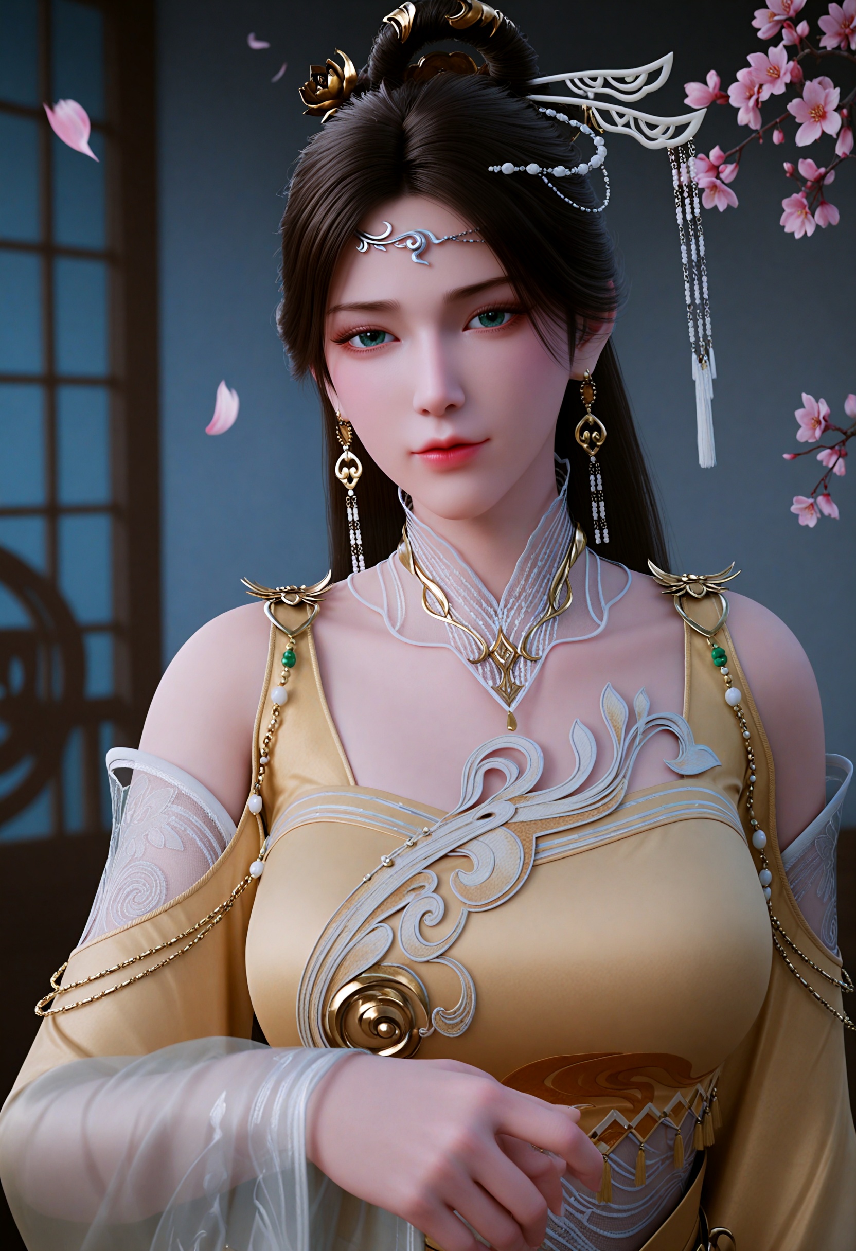 (gigantic breasts:0.6),(slender:1.3),(looking_at_viewer:1.1),(masterpiece:1.1),(best quality:1.2),(intricate details),upper_body,dim lighting,(smog:1.3),(Dark room:1.3),(dim lighting:1.3),peach blossom,falling petals,<lora:YQ_li光辉v5_金瓶儿_V1:0.8>,1girl,solo,q1528437228,long_hair,jewelry,earrings,hair_ornament,dress,black_hair,realistic,chinese_clothes,yellow_dress,green_eyes,brown_hair,hair_bun,necklace,single_hair_bun,bare_legs,feet,hair_rings,masterpiece,(best quality),(intricate details:0.9) BREAK masterpiece,(best quality),(intricate details:0.9),(realistic skin:1.2),