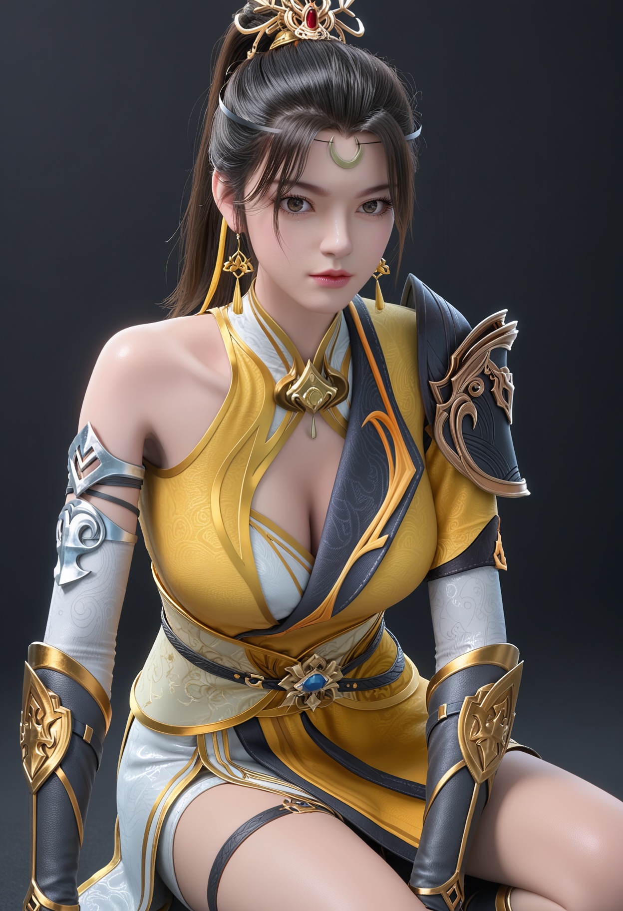 (score_9:1.1),(perfect_anatomy:1.1),upper_body,blurry background,depth of field,(looking_at_viewer:1.1),<lora:YQponyjiqianfanV4-000005:0.8>,q1528437228,solo,1girl,black_hair,hair_ornament,jewelry,earrings,dress,ponytail,long_hair,breasts,chinese_clothes,crescent,forehead_mark,armor,clothing_cutout,facial_mark,boots,brown_hair,realistic,brown_eyes,lips,bare_shoulders,cleavage,cleavage_cutout,knee_boots,asymmetrical_sleeves,yellow_dress,white_dress,hair_bun,detached_sleeves,shoulder_armor,thigh_strap,crescent_earrings,asymmetrical_clothes,gloves,single_hair_bun,elbow_gloves,sash,black_footwear,(simple background,pure black background,black background:1.3),fair_skin,white_skin,shiny_skin,Ivory_skin,perfect_anatomy BREAK perfect_anatomy,(score_9:1.1),cinematic lighting,volumetric lighting,professional lighting,fair_skin,white_skin,shiny_skin,Ivory_skin,perfect_anatomy,