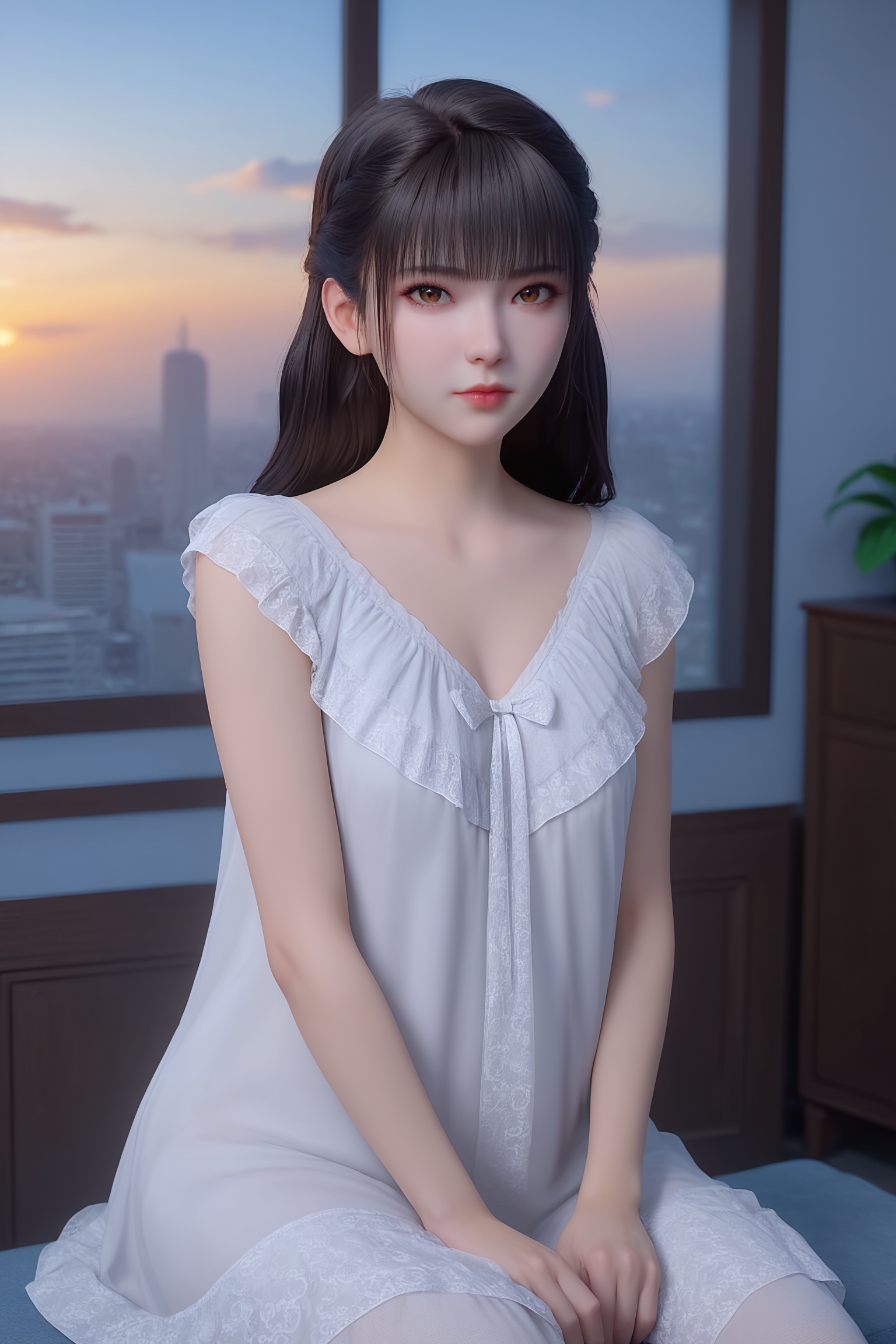 score_9_up,1girl,solo,sitting,window,frills,sky,cloud,indoors,cityscape,closed_mouth,sunset,looking at viewer,<lora:紫川-紫川宁-睡衣Pony:0.6>,dark hair,straight bob,bangs,a loose,flowing white nightgown with delicate lace trim at the hem and neckline.,