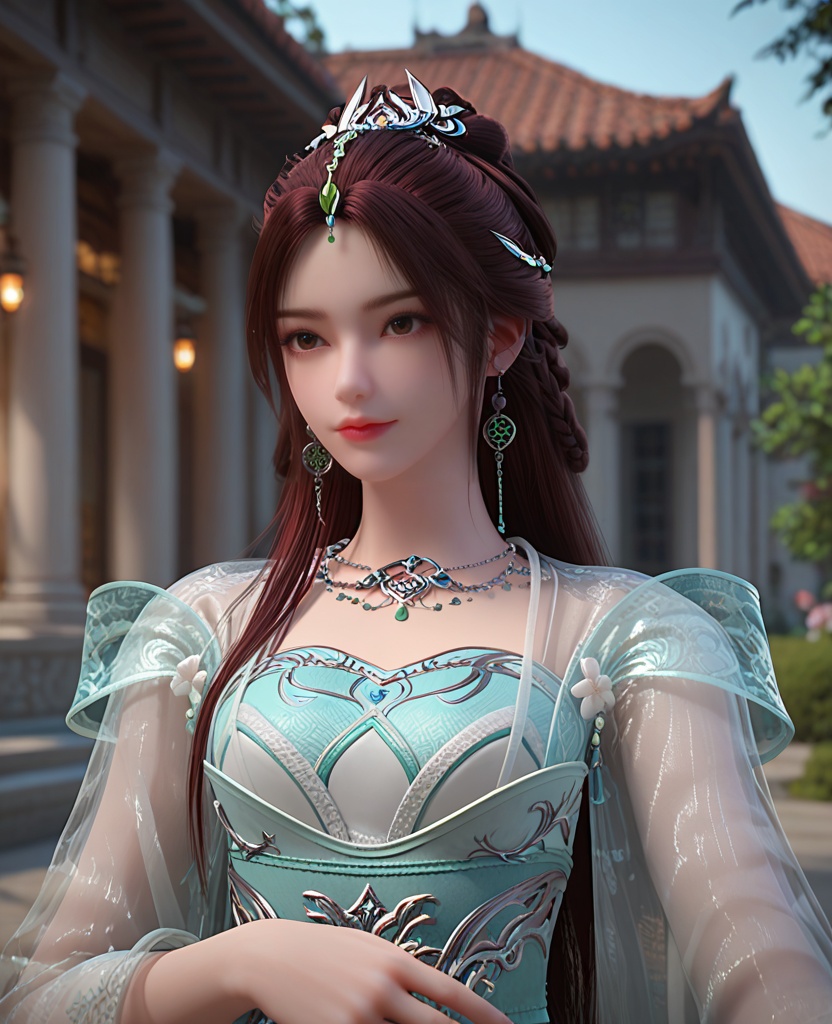 (oriental architecture, elegant decor, sophisticated style:1.1),Standing with arms stretched upwards, reaching for the sky,,(breasts:1.2),<lora:XL完美世界叶倾仙:0.9>,miss yeqingxian,solo,see-through vest,green  corset,sash,see-through sleeves,see-through outerskirt with white petticoat underneath,brown eyes,brown hair,long hair,hair ornament,half updo,hanging hair,necklace,earrings,jewelry,, zPDXL2, score_9, score_8_up, score_7_up BREAK realistic, masterpiece,best quality, highly detailed,, zPDXL3, zPDXL2,zPDXL, zPDXLxxx, zPDXLrl,