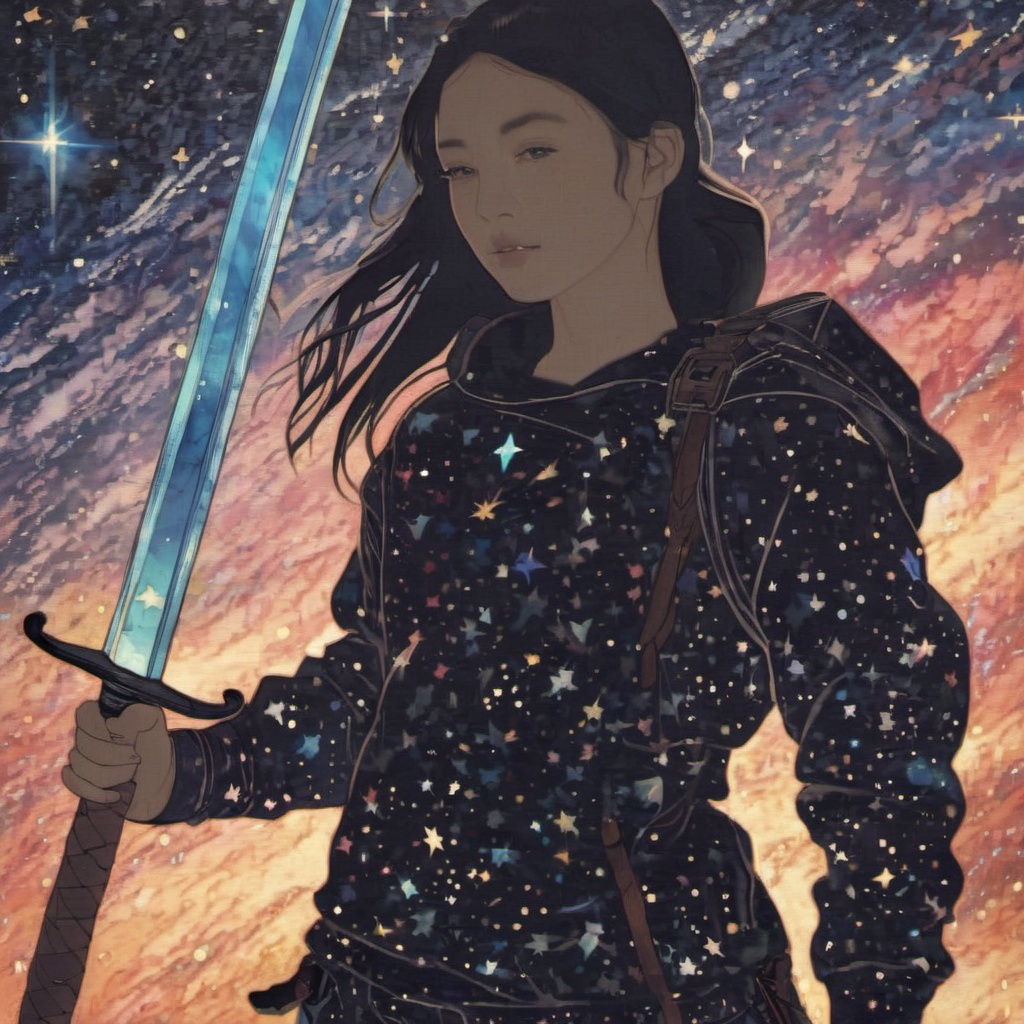 <lora:ukiyo-e_xl_v2:1>,the background is a starry night sky,a silhouette of a girl holding a sword,a brightly colored sword t which maps the starry sky and the milky way inside,halo,ethereal,