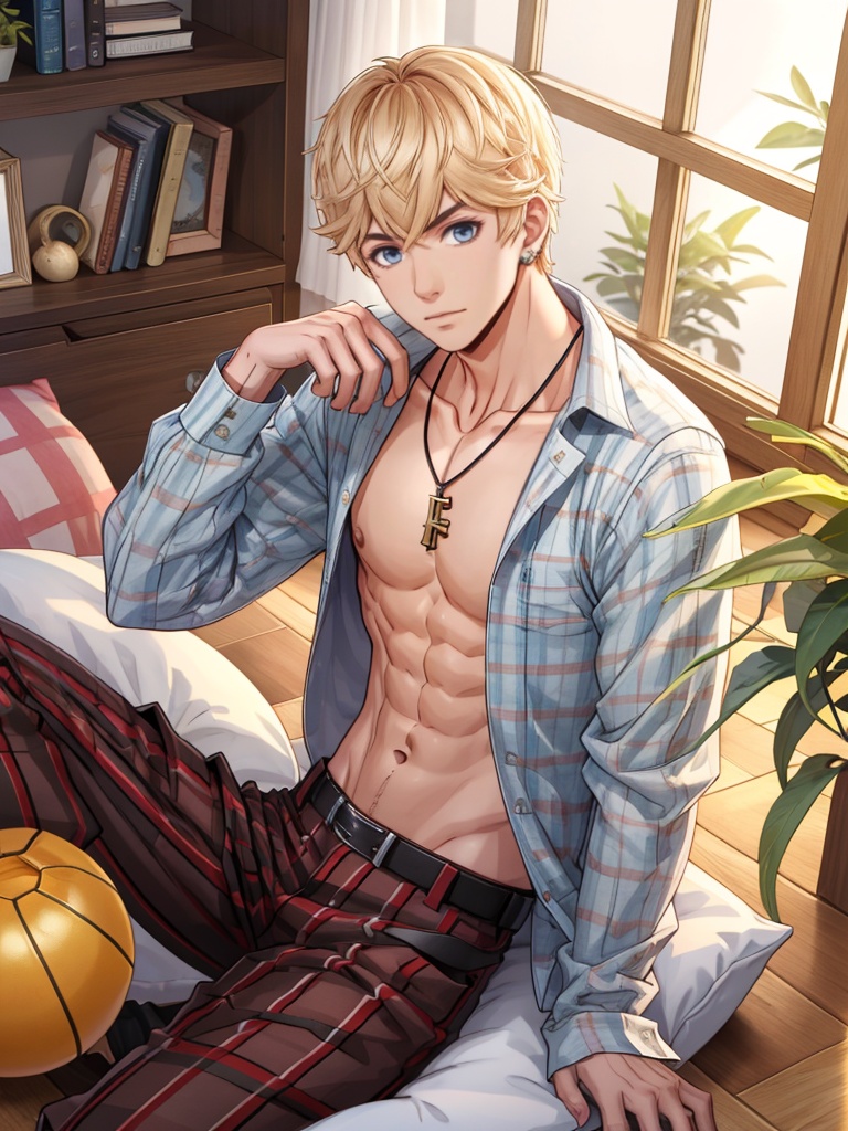 Kilo,<lora:Kilo:1>,, masterpiece,best quality, 1boy,male focus,brown pants,abs,jewelry,pants,solo,looking at viewer,necklace,wooden floor,sitting,key,indoors,ball,plant,long sleeves,navel,book,pillow,pectorals,open clothes,