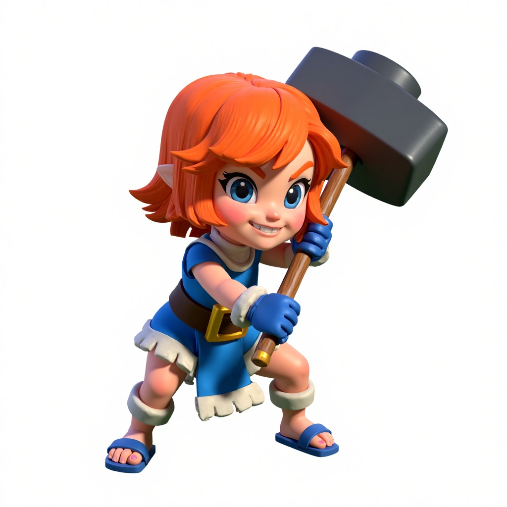 A girl with orange short hair,the tips of which curl upward,has large blue eyes that shine brightly,and a blush on her cheeks. She wears a confident smile with her lips curled upward.,She is dressed in a blue and white outfit,with white cuffs and hem adding layers to her attire. A brown belt cinches her waist,adorned with a golden square decoration. Her hands are clad in blue gloves,tightly gripping a large hammer,whose head is dark gray and handle is brown.,Her feet wear blue and white sandals,with toes exposed. Her posture is semi-squatting,with legs slightly bent,as if she is about to launch an attack or is in a preparatory state for battle,against a white background.,