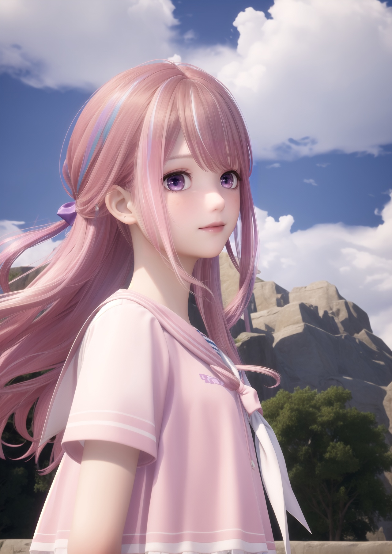 masterpiece,best quality,1girl,purple eyes,pink hair,multicolored hair,colored inner hair,solo,dress,long hair,looking at viewer,hair ornament,white dress,bird,streaked hair,smile,blush,sailor collar,neckerchief,outdoors,sky,short sleeves,closed mouth,black hair,blue sky,from side,hair between eyes,brown hair,cloud,hair bow,