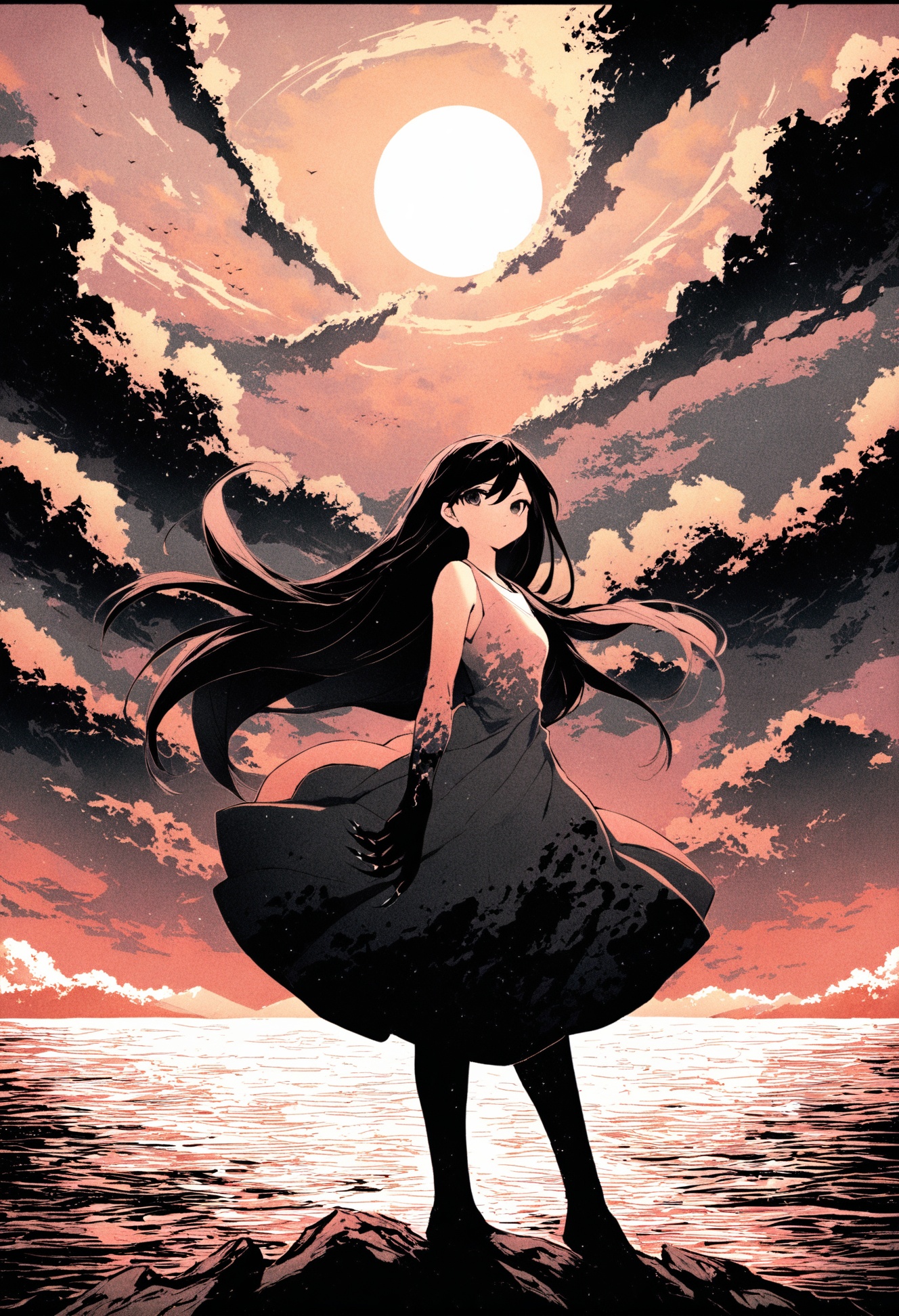 masterpiece, best quality,solo, 1girl, long hair, abstract, dress, black hair, looking at viewer, claws, monochrome, standing ,sky, scenery, cloud, black border, blue sky, building, border, outdoors, city, day, cityscape, skyscraper, scenery, cloud, sky, outdoors, sunset, tree, black border, border, sun, horizon, cloudy sky, ocean, sunlight, mountain, landscape, nature ,<lora:potgXLlokr4f-000143:1> <lora:sd_xl_dpo_lora_v1-128dim:1>