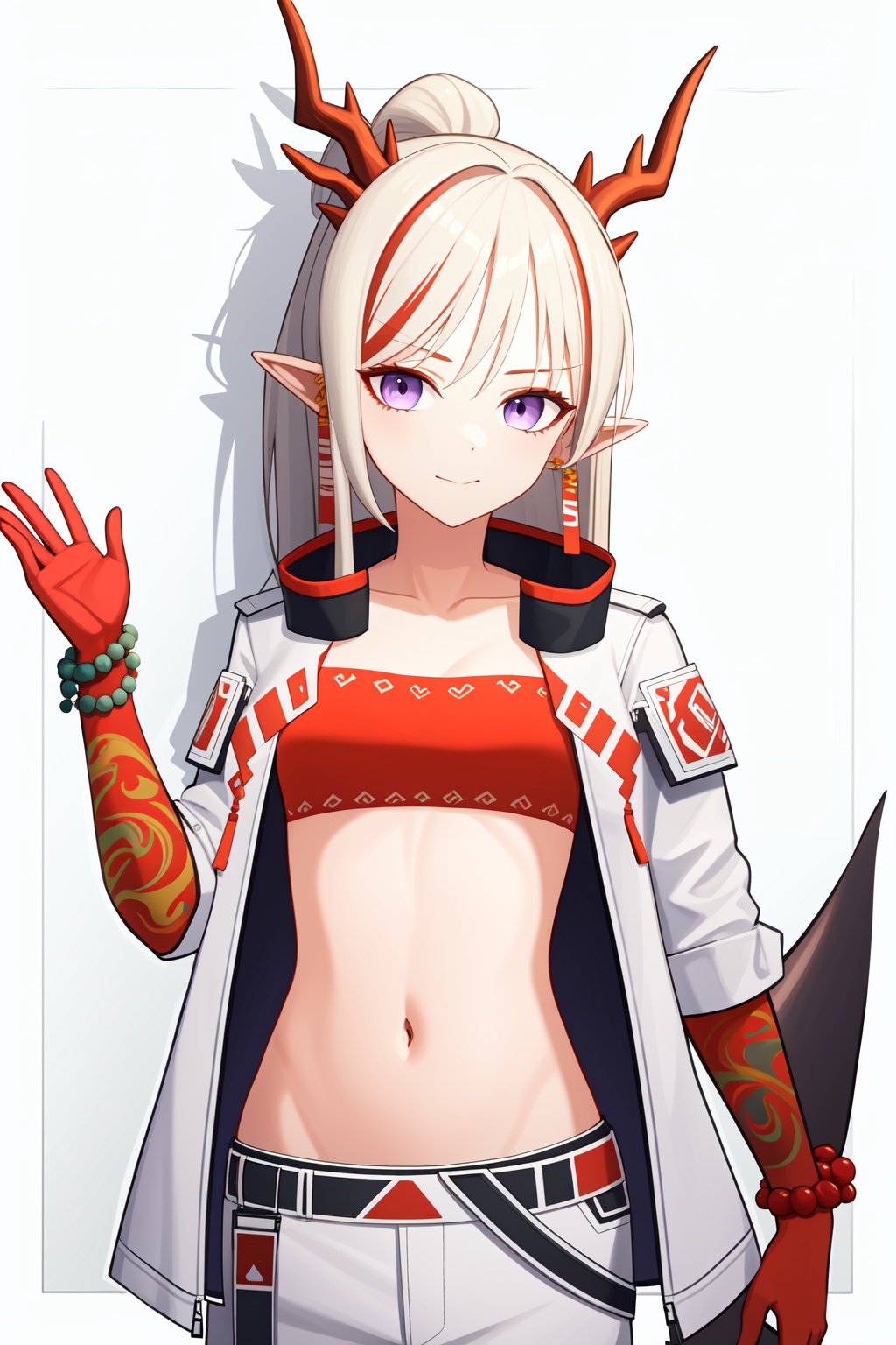 <lora:年-000010:1>,a girl named arknian,arknian,1girl,tube top,tail,strapless,jewelry,bandeau,open clothes,midriff,navel,red bandeau,bracelet,jacket,bead bracelet,crop top,stomach,, (masterpiece,best quality,high quality:1.4),absurdres,