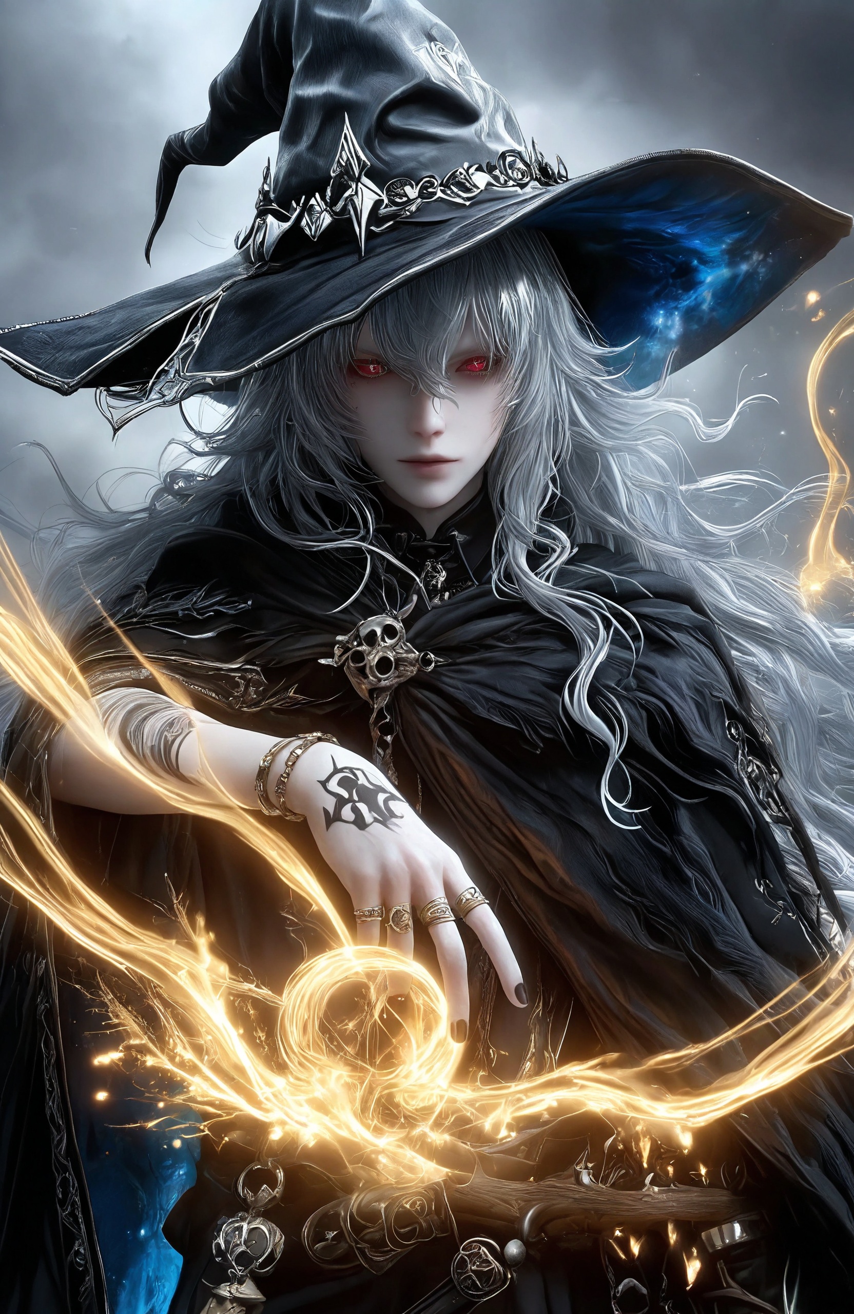 1boy,This is a very detailed digital illustration in the Gothic fantasy style. The painting depicts a young man with pale skin and startlingly red eyes. Their hands and fingers are decorated with intricate black tattoo designs. The subjects wore a black wide-brimmed witch's hat,adding an air of mystery and mystery to their appearance. Their curly silver hair cascaded down their faces,partially hidden by their hats., The individual's costume consists of a long black cloak that hangs gracefully,enhancing their mysterious image. They wore multiple silver rings and bracelets on their hands,some with ornate designs. The fingers are painted with intricate black nail polish,adding to the Gothic aesthetic. The background is black,with almost monochromatic shades mixed with hints of blue and gold,creating an ethereal,otherworldly atmosphere. 