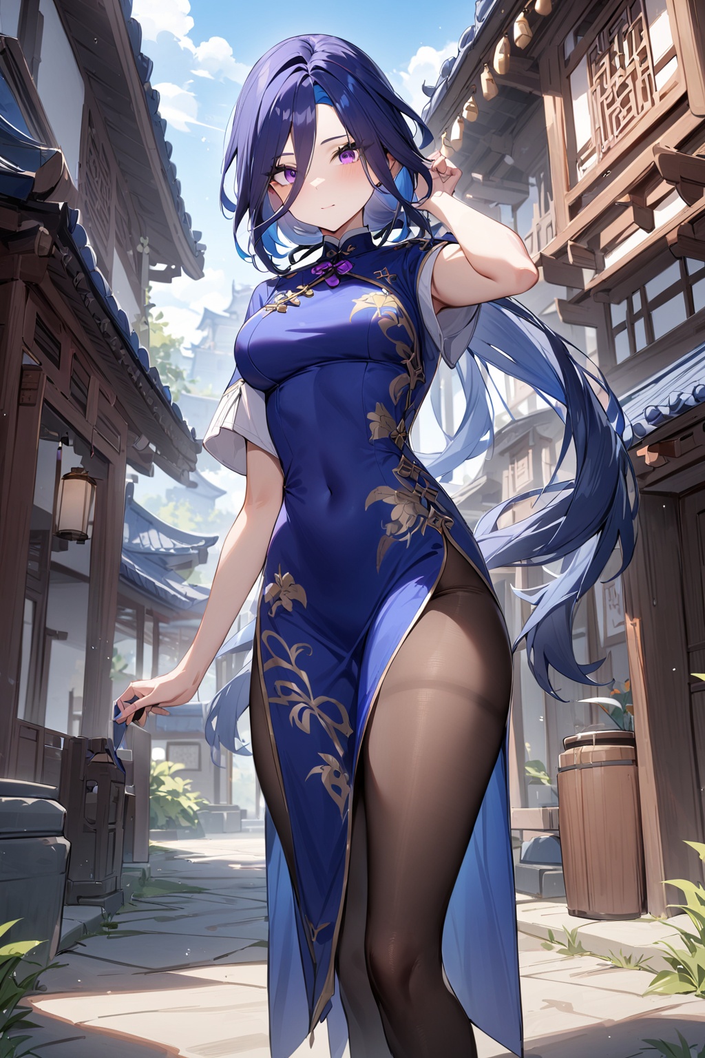 masterpiece,best quality,very aesthetic,absurdres,<lora:clorindeXL-000001:0.5>,clorinde \(genshin impact\),1girl,solo,purple eyes,low ponytail,blue hair,looking at viewer,china dress,chinese clothes,black pantyhose,outdoors,standing,