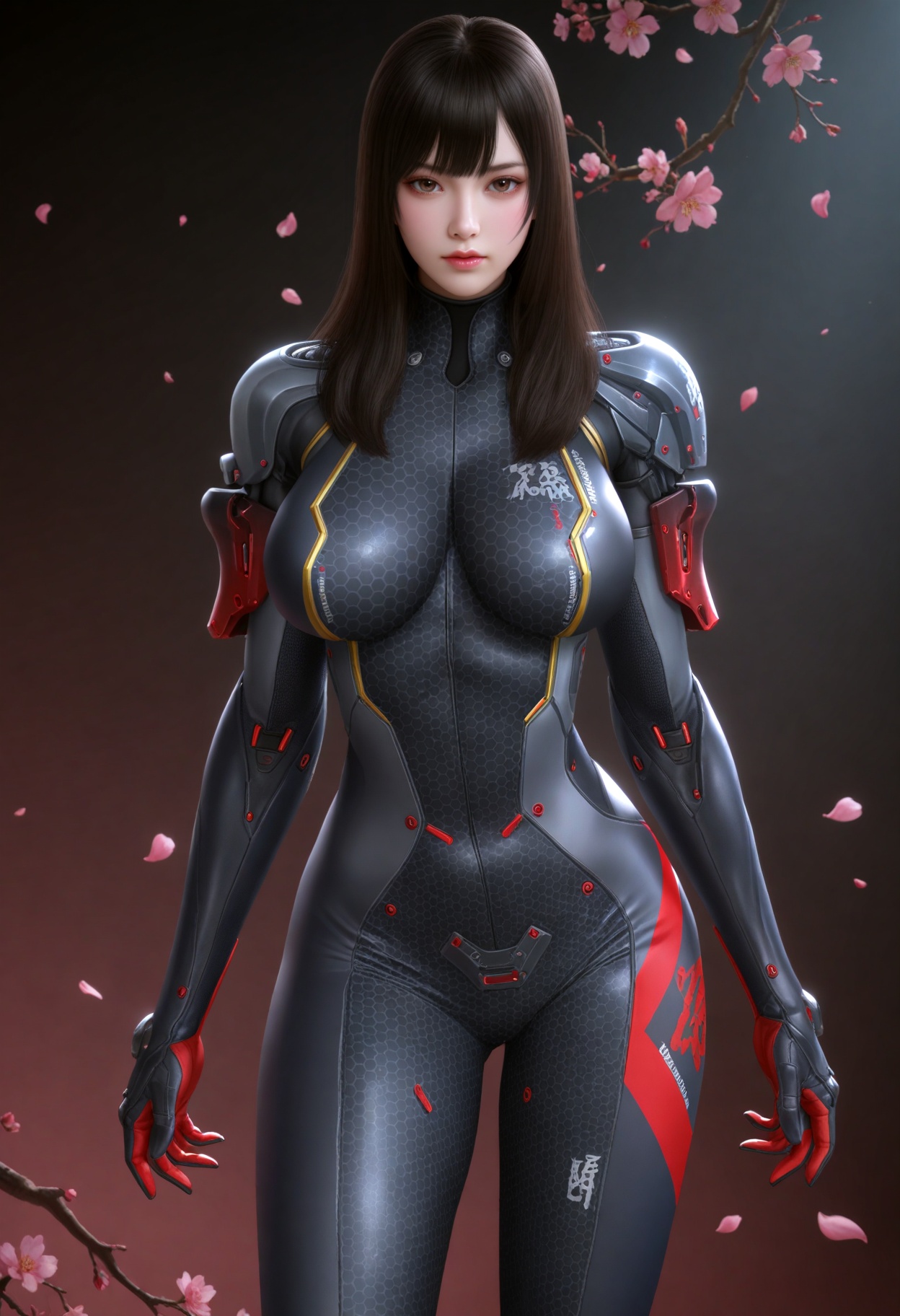 (cowboy shot:1.2),(gigantic breasts:0.6),(slender:1.3),(looking_at_viewer:1.1),(masterpiece:1.1),(best quality:1.2),(intricate details),dim lighting,(smog:1.3),(Dark room:1.3),(dim lighting:1.3),peach blossom,falling petals,<lora:YQ_Illustrious光辉v5_孙尚香_V1:0.8>,q1528437228,1girl,solo,bodysuit,long hair,black hair,high heels,brown hair,armor,black footwear,brown eyes,blunt bangs,shoulder armor,gloves,masterpiece,(best quality),(intricate details:0.9) BREAK masterpiece,(best quality),(intricate details:0.9),(realistic skin:1.2),