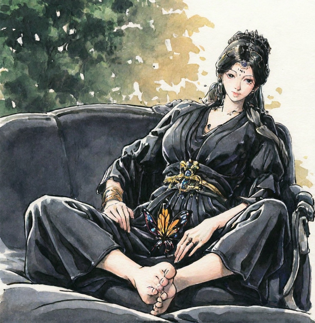 ((very awa)),solo,highly detailed,(best quality),((masterpiece)),1girl,chi,<lora:chi正则100nbXL:0.7>,painting \(medium\),traditional media,watercolor \(medium\),looking_at_viewer,nikesi,long hair,black hair,<lora:倪克斯nbXL:1>,mature_female,black_clothes,looking at viewer,feet,no shoes,butterfly sitting,