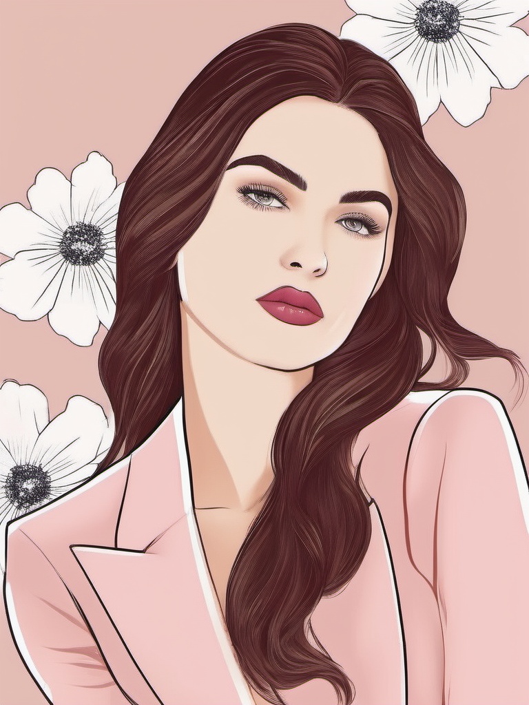 1NK ,  The image a portrait of a young woman with long,  wavy hair. She is wearing a pink blazer and has a neutral express...