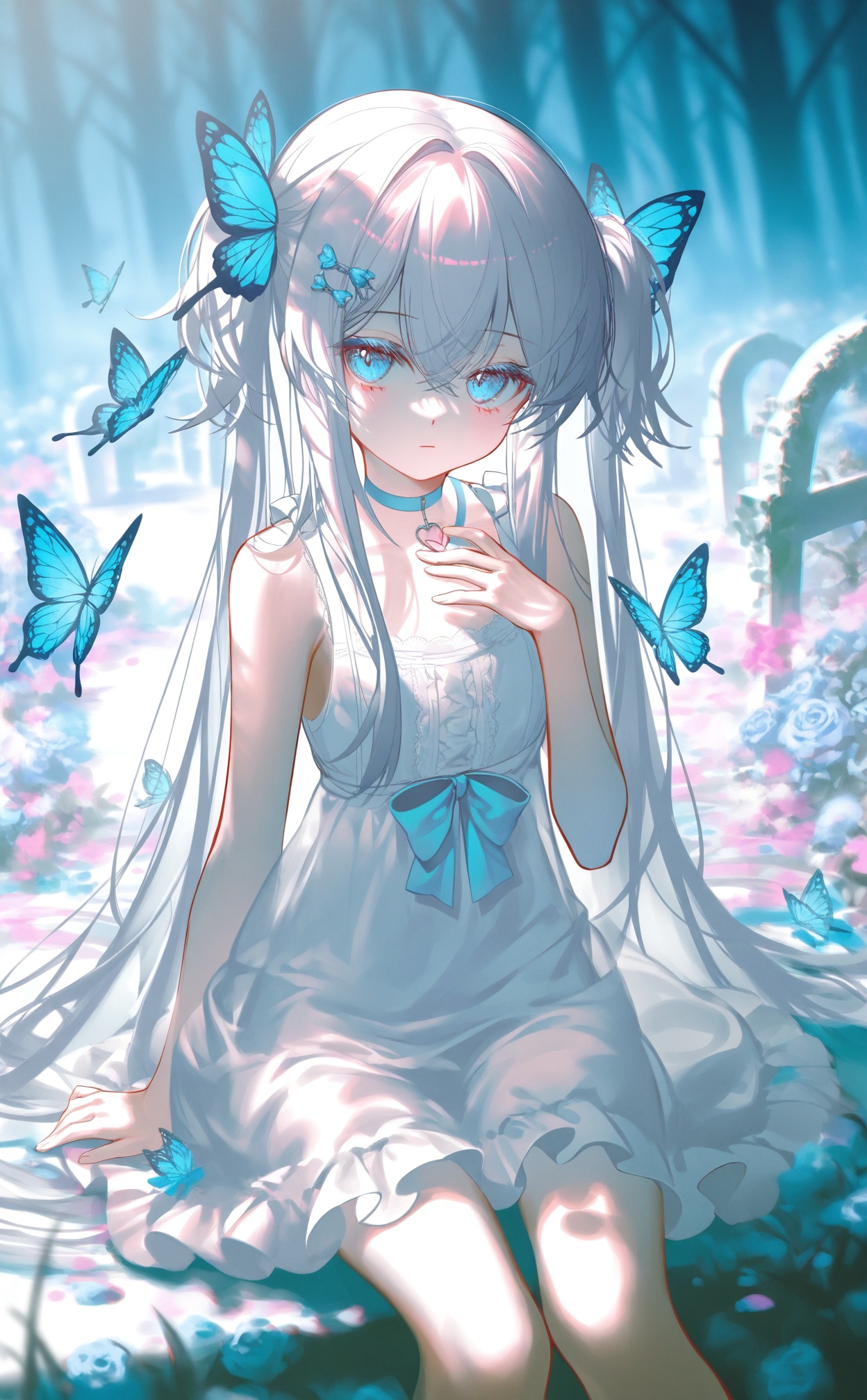 masterpiece,absurdres,best quality,((petite)),loli,high quality,chromatic_aberration,shiny_skin,//,(colorful),petite,loli,This is a masterpiece that exudes exceptional quality. The illustration is ultra-detailed,utilizing HDR technology to create a sense of depth. The subject matter is an original,delicate,and beautiful artwork,vibrant with color and filled with fantastical elements. The girl is sitting by a deep sea,surrounded by flowing water,with a dull blue World Tree in the background,situated in a cemetery. The serene and dreamy atmosphere gives the entire scene a soulful and enchanting quality. Her pale complexion,azure blue eyes that glow,and silver hair adorned with flowers create a captivating portrait. She wears a Lolita-inspired fashion,expressionless with her mouth closed. The backgrounds range from white,transparent,circular options,and there are also flying translucent blue butterflies that add a sense of liveliness to the piece.,//,(chen bin:0.5),konya666,(hiten \(hitenkei\):0.4),(rimuu:0.5),(mignon:0.5),(sheya:0.6),[iumu],//,official art,depth of field,detailed light,blurry background,best shadow,shiny skin,cinematic lighting,ray tracing,amazing quality,very aesthetic,absurdres,beast quality,ultra detailed,newest,8K,HDR,