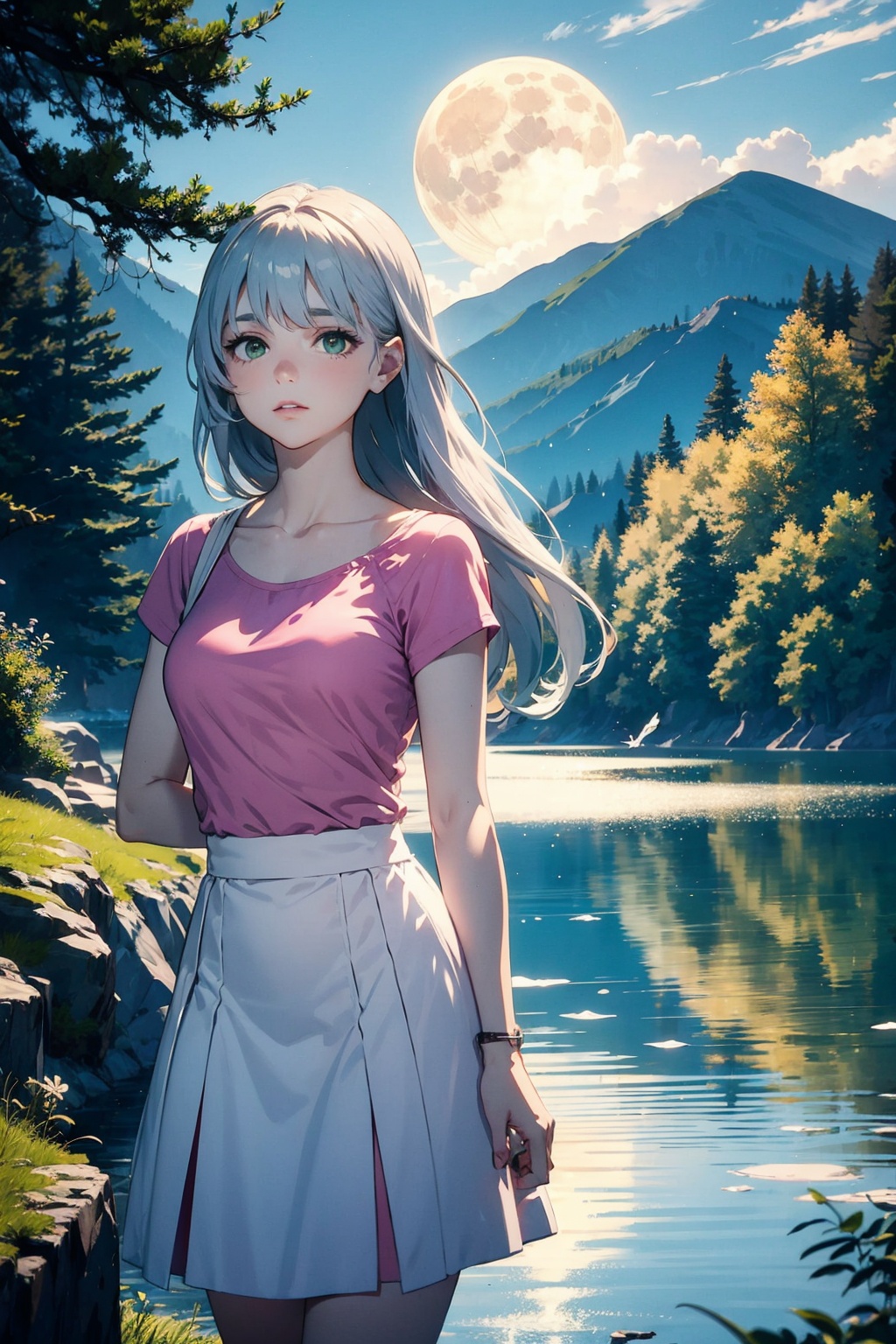 masterpiece,best quality,cinematic lighting,extremely detailed CG unity 8k wallpaper,.1girl,Silver long hair,flowing long hair,green eyes,pink clothes,white skirt,side gaze towards the camera,looking towards the camera,by the lake,in the wilderness,in the surrounding forests,full moon in the sky,moonlight reflected in the lake,lake reflections,distant mountains,birds,clouds.Evening,sunny,summer.Half-length photo,