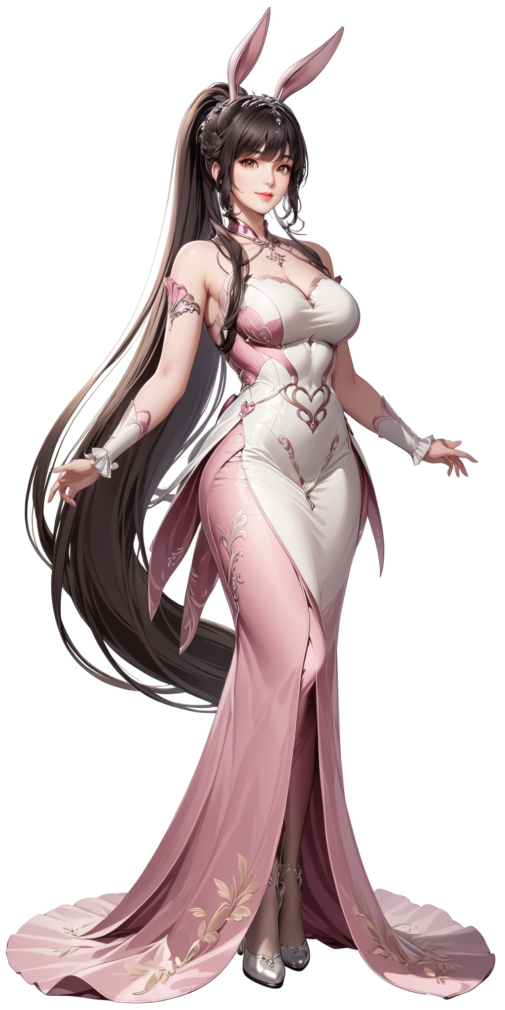 masterpiece,best quality,huge filesize,fantasy,illustration,anime,simple white background,1 woman,(mature_female:1.4),solo,animal ears,dress,rabbit ears,long hair,pink dress,very long hair,full body,brown hair,ponytail,hair ornament,black hair,simple background,collar,smile,<lora:XL小舞成年2.0:0.7>,
