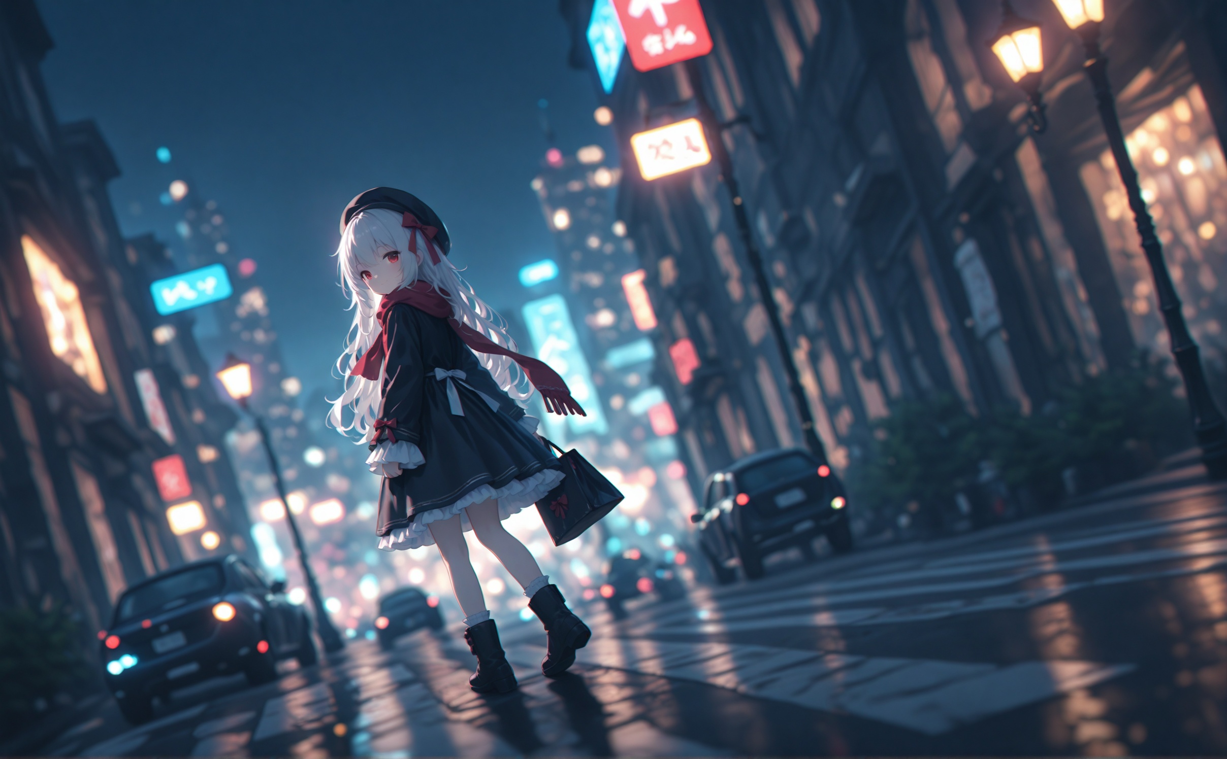 masterpiece,absurdres,best quality,loli,petite,high quality,chromatic_aberration,cinematic_angle,dutch angle, //1girl, solo, long hair, very long hair, white hair, road, black footwear, wide shot, boots, outdoors, night, city, crosswalk, standing, looking at viewer, car, street, cityscape, dress, red eyes, bow, blurry, scarf, building, red bow, ribbon, motor vehicle, looking back, bag, full body, scenery, red scarf, city lights, lamppost, bokeh, black dress, long sleeves, depth of field, skirt, chromatic aberration, black headwear, hair bow, socks, holding, lens flare, smile, sidewalk, wavy hair, black skirt, red ribbon, sleeves past wrists, night sky, hair ornament, hat, frills, holding bag, walking, sign, closed mouth<lora:Fumyun-000030:0.8>
