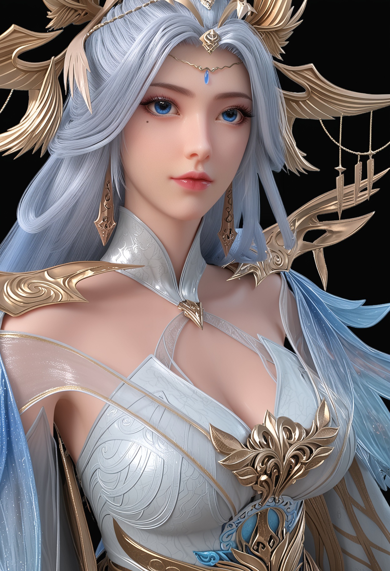 (looking_at_viewer:1.2),upper_body,(gigantic breasts:0.8),(slender:1.2),facing viewer,<lora:YQ_pony_ningyudie_V4:0.8>,1girl,q1528437228,solo,long hair,hair ornament,jewelry,blue eyes,dress,earrings,blue hair,mole under eye,grey hair,white hair,detached sleeves,footwear,(simple background,pure black background,black background:1.1),perfect_anatomy,