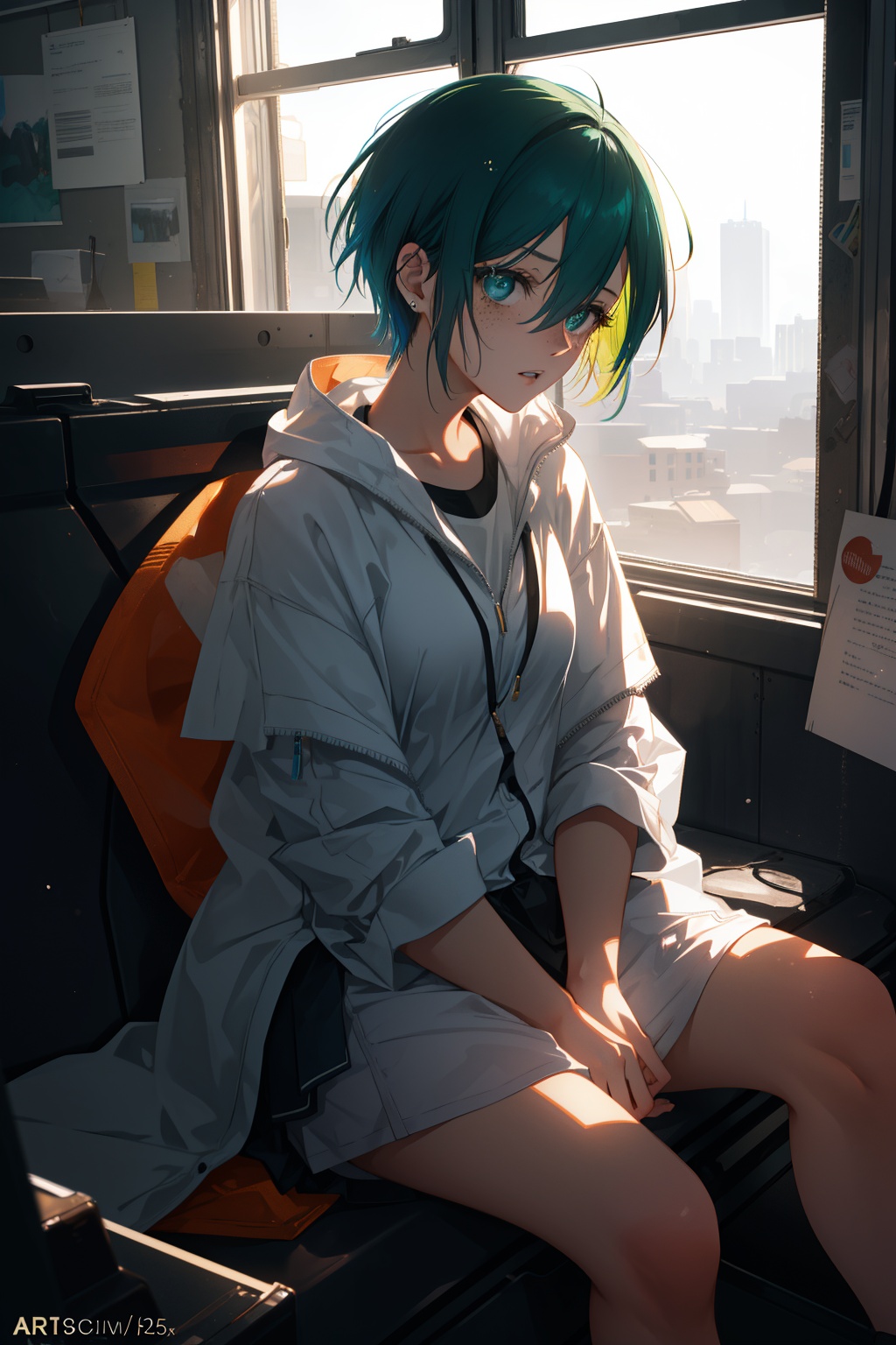 1girl, (sharp focus:1.2) , an award winning photo of a Infected Furious tan skin Rumer Willis with [Soothing|Impressive] eyes and Freckles, Short and slicked back, messy DayGlo green hair, sitting next to a window, dark lighting, (deep shadows:1.1) , high contrast, beautiful eyes, absurdres, 8k, (high quality:1.3) , tired, sleepy, poverty, sadness, depression, artstation hd, concept art, detailed face and body, award-winning photography, (moody lighting:1.2) , depth of field, bokeh, 4K, HDR