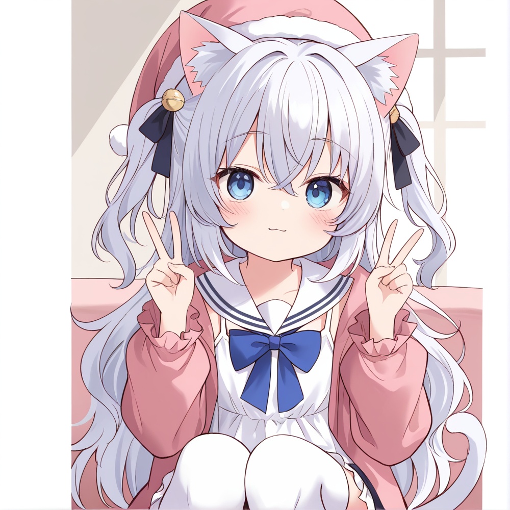 masterpiece, best quality, 1girl, :3, animal ear fluff, animal ears, bangs, black ribbon, blue bow, blue eyes,  blush, border, cat ears, cat girl, cat tail, closed mouth, crossed bangs,  dot nose, double-parted bangs, dress, expressionless, eyebrows visible through hair, frilled sleeves, grey hair, hair between eyes, hair ornament, hands up, hood down, hoodie, knees together feet apart, long hair, long sleeves, looking at viewer, messy hair, mob cap, nightcap,  one side up, open clothes, pillarboxed, puffy sleeves, raised eyebrows, sailor collar, school uniform, shirt, sidelocks, simple background, solo, tail, thighhighs, two side up, upper body, v, wavy hair, white camisole,  white hair,  <lora:JeLen02-000003:0.8>, loli, cute,  ray tracing, indoors,