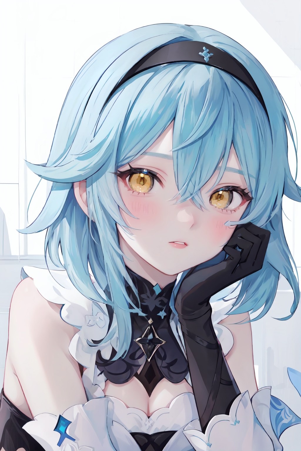 1girl,eula (genshin impact),solo,blue hair,looking at viewer,hairband,bangs,portrait,yellow eyes,gloves,black hairband,black gloves,blush,closed mouth,parted lips,medium hair,hair ornament,head rest,hair between eyes,shiny,<lora:to-vv2-tga-000060:0.5>,to-style,beautiful eyes,