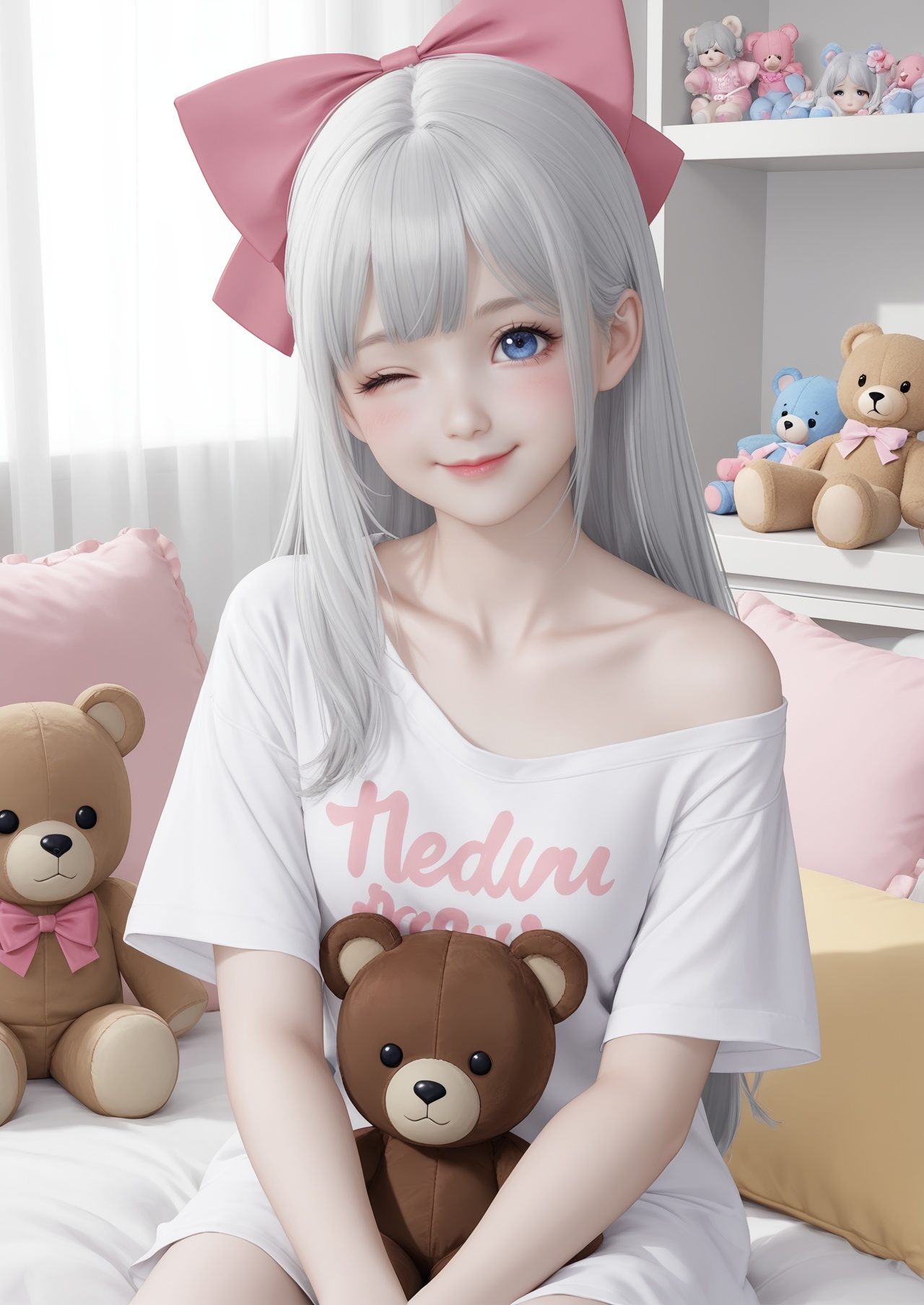 score_10,score_9,score_8_up,score_7_up,1girl,long hair,stuffed toy,stuffed animal,solo,one eye closed,blue eyes,bow,sitting,shirt,hair bow,blush,looking at viewer,pink bow,smile,white hair,t-shirt,ribbon,white shirt,short sleeves,teddy bear,off shoulder,wariza,collarbone,indoors,closed mouth,grey hair,