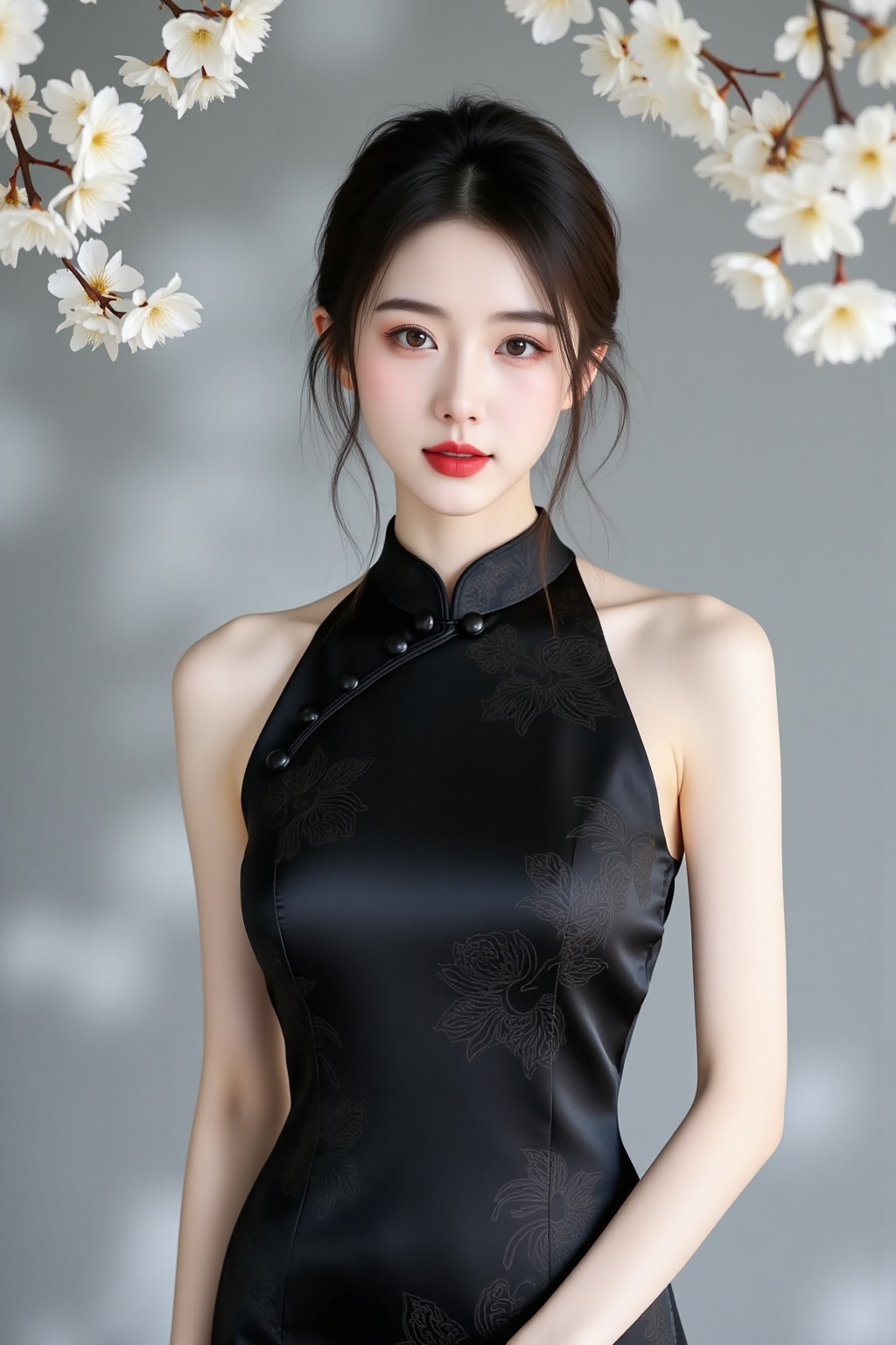 cheongsam,This image is a high-resolution photograph of an East Asian woman with a fair complexion and delicate features. She has a slim physique and is dressed in a traditional Chinese cheongsam,a high-necked,sleeveless dress **** of black silk with intricate floral patterns. The dress has a high collar and is fastened with black buttons down the front. Her hair is styled in a sleek,low bun,with a few strands elegantly framing her face. Her makeup is minimal yet striking,featuring bold red lipstick and subtle eye makeup that accentuates her almond-shaped eyes.,The background is a soft,gradient gray that creates a serene and elegant atmosphere. There are delicate white cherry blossoms in the top left and right corners,adding a touch of nature and seasonal beauty to the image. The lighting is soft and diffused,casting gentle shadows that enhance the texture of her dress and the delicate petals of the cherry blossoms. The overall composition is balanced and harmonious,with the subject positioned centrally,surrounded by the soft,ethereal elements of the background. The photograph captures a moment of timeless beauty and cultural tradition.,