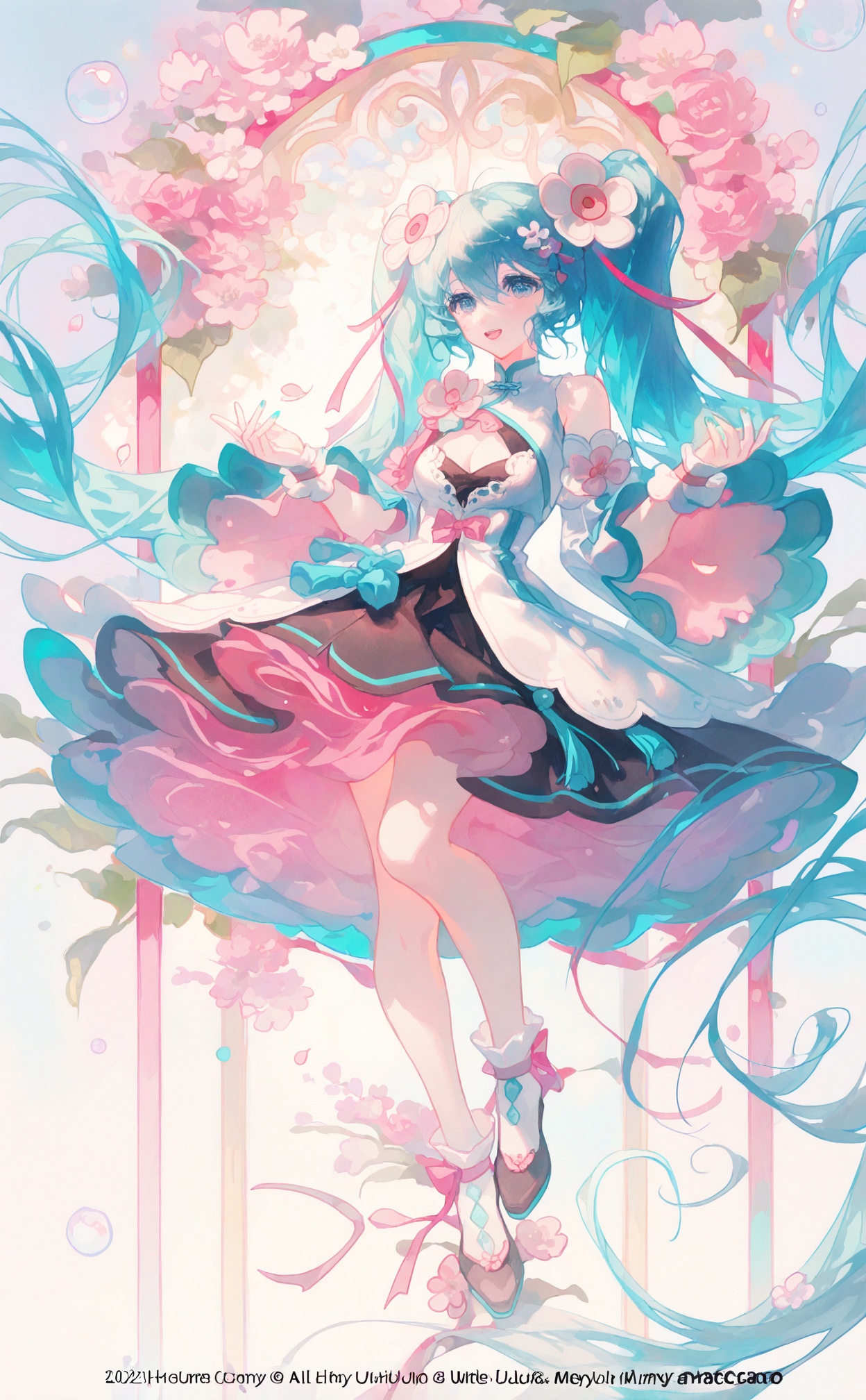 best, 1girl, solo, hatsune miku, flower, long hair, absurdly long hair, aqua hair, very long hair, pink flower, dress, hair ornament, aqua eyes, full body, copyright notice, hair flower, twintails, looking at viewer, open mouth, ribbon, long sleeves, hair between eyes, purple flower, black skirt, skirt, white dress, white flower, pink ribbon, tassel, two-sided fabric, company name, bow, leaf, red ribbon, multicolored dress, parted lips, wrist cuffs, teeth, watermark, floating hair, two-tone dress, black footwear, breasts, blue eyes, bare legs, aqua ribbon, hair ribbon, hand up, frills, smile, aqua theme, aqua nails, blue hair, hair bow, wide sleeves, dress flower, shoes, multicolored clothes, black dress, bubble, flats, white socks, upper teeth only, layered dress, miku day, clothing cutout, frilled dress, copyright name, artist name, chinese clothes, detached sleeves, colorful, floating, pink rose, pleated skirt, legs, argyle clothes, medium breasts, peony (flower), petals, aqua bow, two-sided skirt, socks, plant, pink bow, puffy sleeves, hands up, lips, alternate costume, blush, cleavage cutout, wisteria, two-tone skirt, sidelocks, short dress, cleavage, pink theme, official alternate costume, shirt, layered skirt, :d, blue flower, magical mirai miku, gradient dress, cherry blossoms<lora:lp49-000022:0.9>