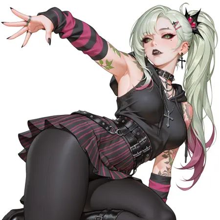 <lora:Mega_Fluffy_IL:0.5> lazypos, masterpiece, best quality, ultra-detailed, amazing quality, very aesthetic, illustration, newest, wonbin_lee:0.3, <lora:Full_body_Tattoo_by_Stable_Yogi_ILLUS_10_V1:1> 1girl, long hair, single ponytail, asymmetrical bangs, asymmetrical sidelocks, (light green hair, dark pink highlights), tsurime eyes, green eyes, slit pupils, colored sclera, (black sclera), black nail polish, eyeliner, black eyeshadow, black lips, vampire fangs, mature female, medium breasts, toned female, thick thighs, jewelry, cross earring, collar, labret ring, (lip ring), eyebrow piercing, vine tattoo, tattooed body, Gothic fashion, rabbit_hood, hood_down, belt, black boots, striped_arm_warmers, plain black_hoodie, striped_skirt, hair_ornament, hairclip, sleeveless hoodie, multiple_belts, multiple_necklaces, necklace, black yoga pants, pants_under_skirt, goth boots, skirt, belt straps, dynamic pose, close up,