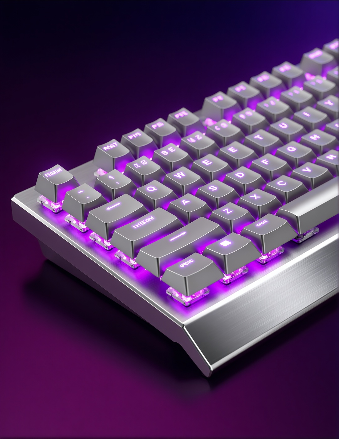 A close-up view of a silver mechanical keyboard with keycaps glowing in vibrant purple RGB lighting. The keyboard rests on...