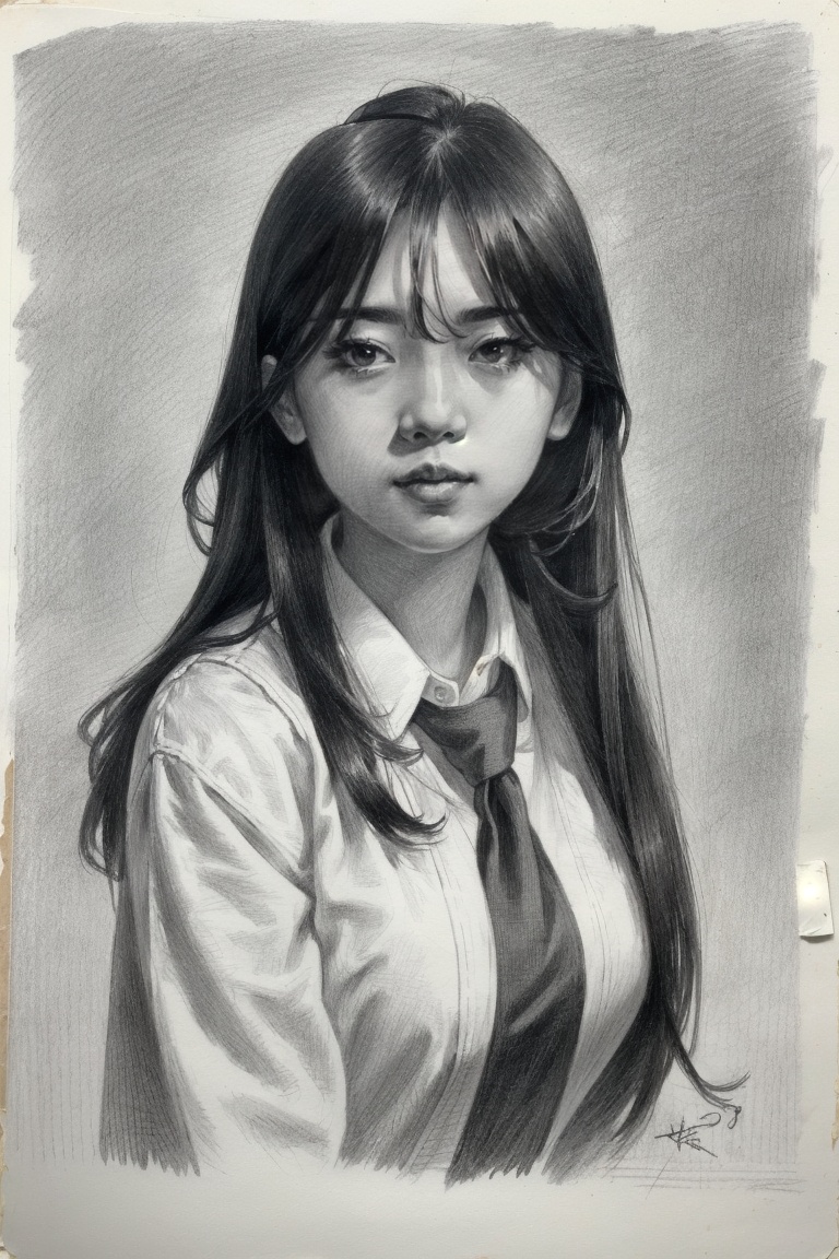 ((HRD, HUD, 8K)),((masterpiece, best quality)), highly detailed, photo_\(medium\),1girl, solo, long hair, Sketch,monochrome, greyscale, traditional media, signature, graphite (medium), upper body, simple background,(meiji schoolgirl uniform:1.2), <lora:20240218-1708223770681:0.9>