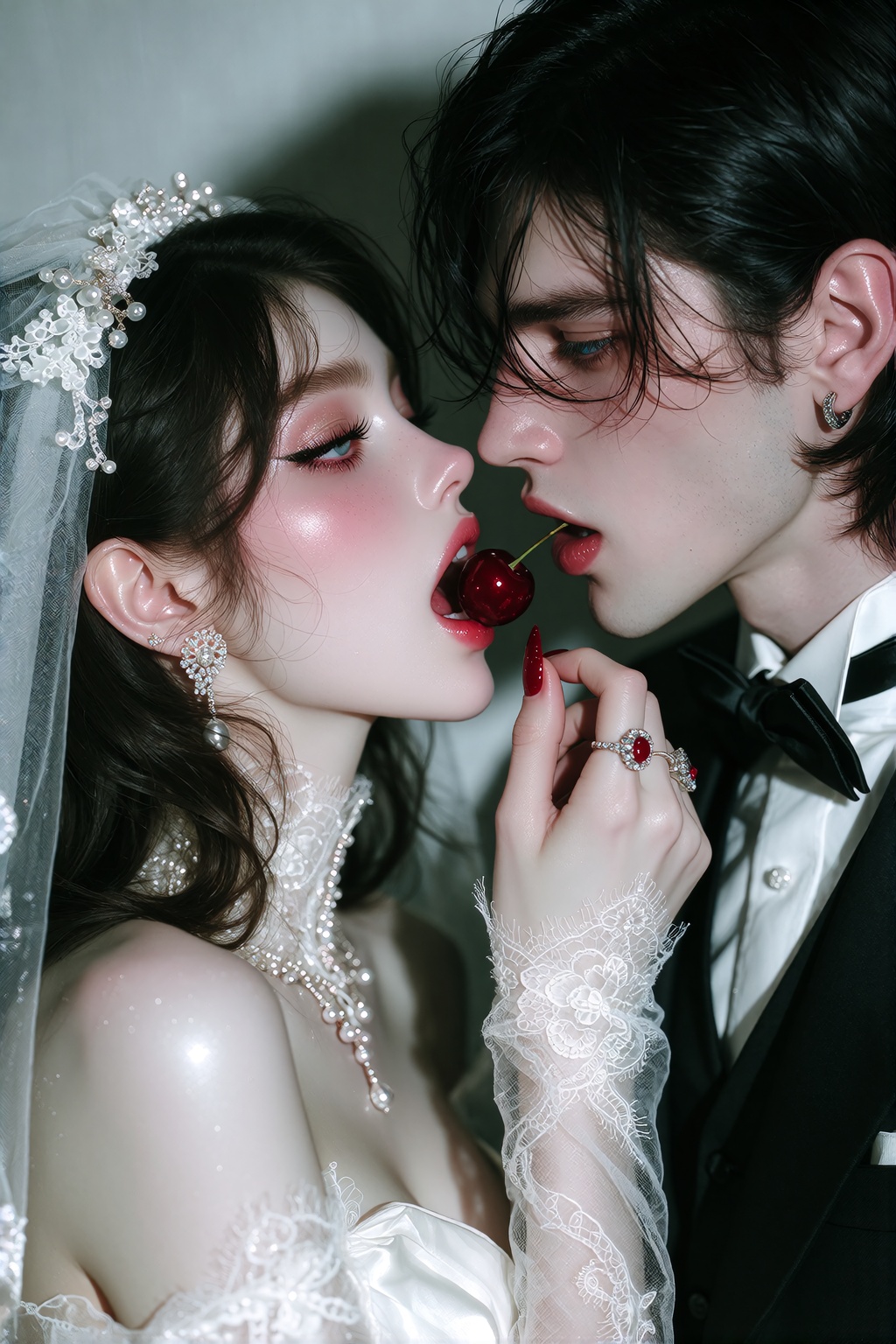 a woman wearing a white wedding dress Biting a cherry and standing. dark-red hair. A man with long black bangs and blue ey...