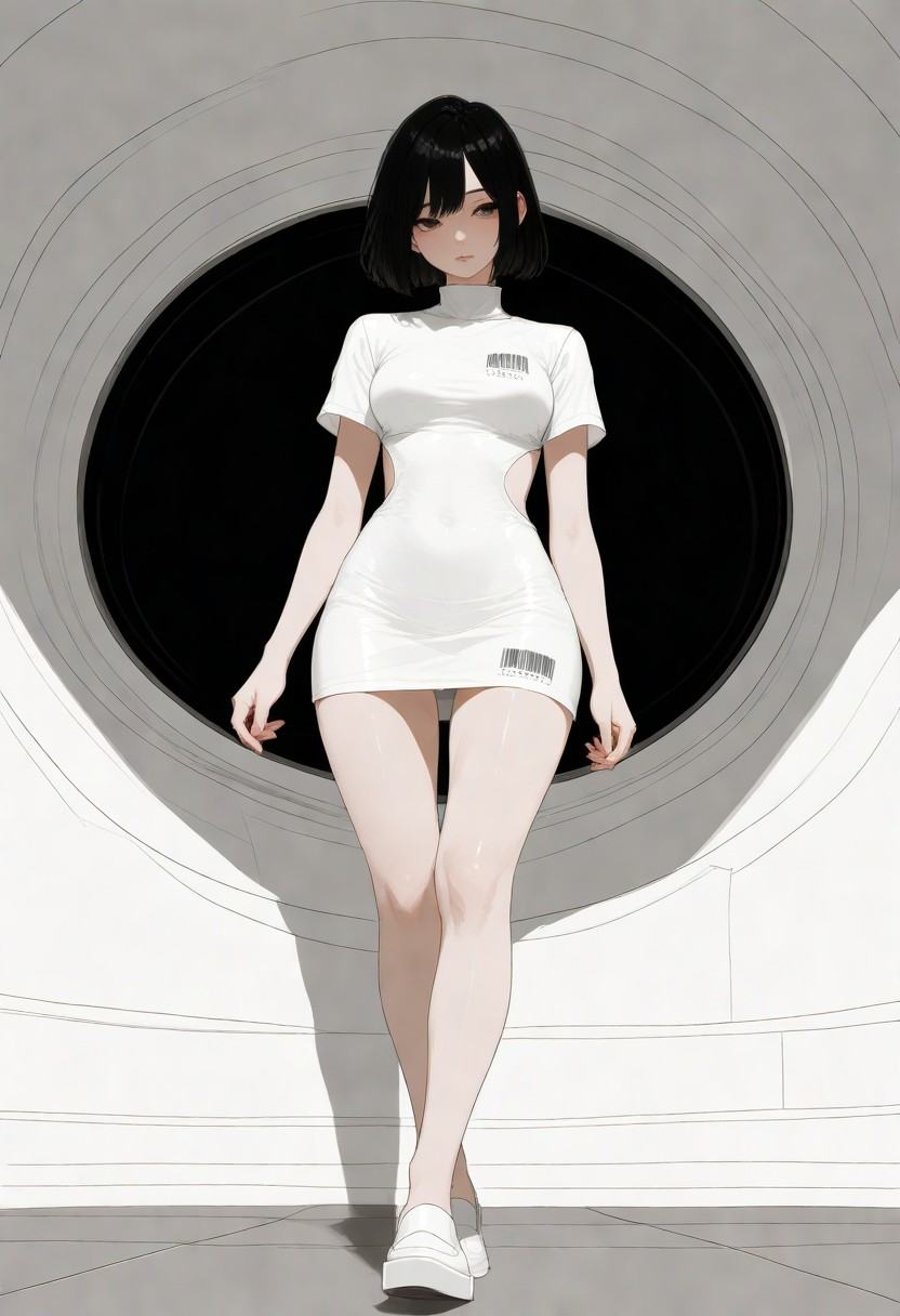 1girl,  solo,  a chinese girl with short black hair walking in a space ship corridor.JBU_Dress; minidress on Tensor.Art