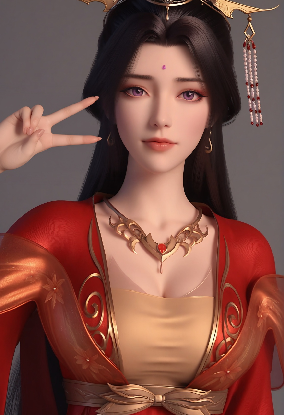 (score_9),<lora:红月婵-apony:0.82>,yuechanm,1girl,solo,hair ornament,jewelry,long hair,forehead jewel,earrings,tiara,necklace,hair bun,black hair,purple eyes,red dress,shoulder ribbon,belt,long dress,cleavage,(glamor),curvy,mature_female,collarbone,pointy breasts,puffy breasts,(large teardrop breasts),teardrop breasts,BREAK<lora:Expressive_H-000001:0.8>,light blush,Expressiveh,looking at viewer,(elfie,(v sign),closed mouth,<lora:e肤色滑块:0.35>,fair_skin,((pale skin)),(white_skin),ultra-detailed skin texture,detailed textures,<lora:皮肤凹痕:1.2>,BREAK<lora:e色温:-0.35>,simple background,grey background,Tyndall effect,available light,depth of field,lens_flare,4K ultra HD,sharp focus,high detail,high contrast,