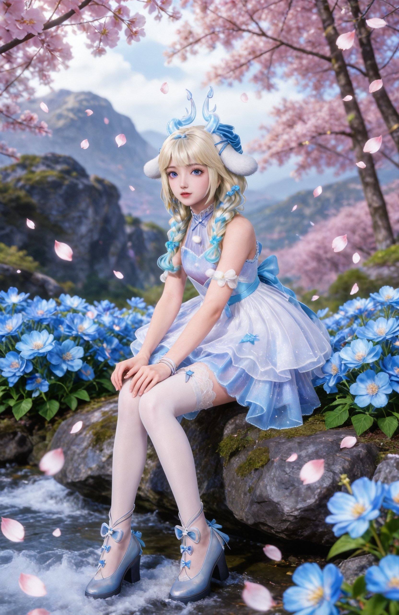 <lora:王者荣耀-瑶-大耳狗Pony:0.7> 1girl, blonde hair, blue eyes, animal ears, bow, multicolored hair, braid, long hair, horns, twin braids, white dress, ribbon, bracelet, thighhighs, white thighhighs, bare shoulders, sleeveless, high heels, masterpiece,best quality,amazing quality,very aesthetic,high resolution,ultra-detailed,absurdres,scenery,photorealistic,looking at viewer,moody lighting,peach blossom,falling petals,realistic,photorealistic details,, ,snowing, rock,,blurry,sitting,full body,arm support,blue flower,snowflakes