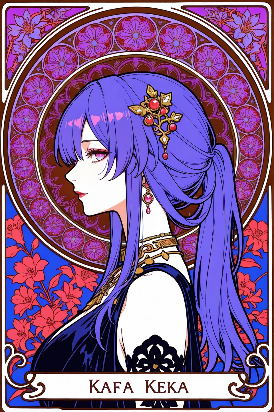 <lora:夏穆风·滤镜·ILL:0.8>,(kafka \(honkai: star rail\):1.2),art nouveau,long hair,1girl,profile,jewelry,flowers,hair ornament,necklace,solo,from side,depth of field,masterpiece,best quality,very aesthetic,alternate costume,alternate costume,2024,2023,perfect composition,ultra-detailed,extreme aesthetic,masterpiece,best quality,good quality,newest,year 2024,year 2023,very aesthetic,absurdres,looking_at_viewer,colorful,makeup,