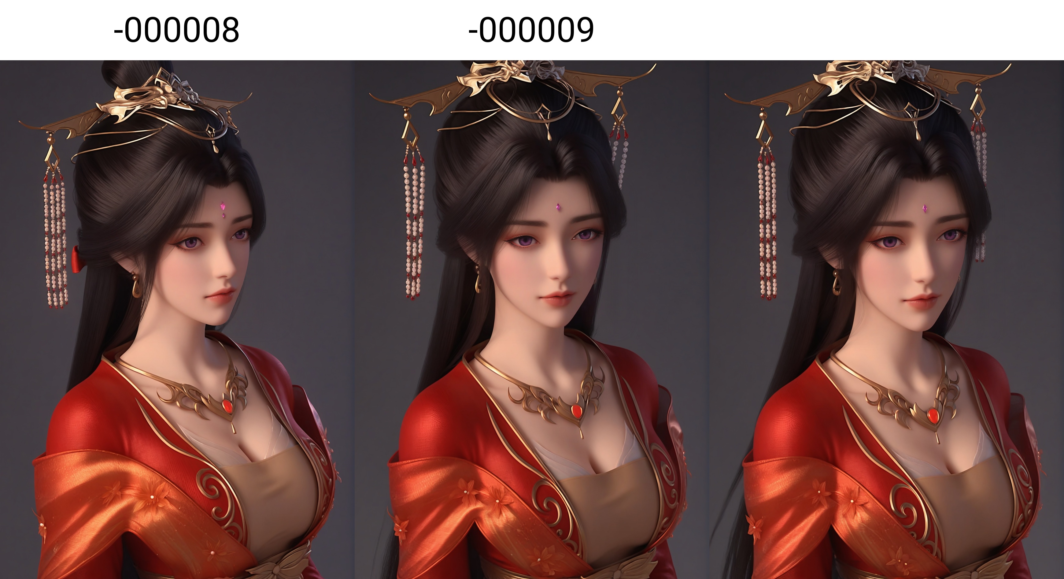 (score_9),portrait,(close-up),solo focus,(eye focus),<lora:红月婵-apony-000008:0.8>,yuechanm,1girl,solo,hair ornament,jewelry,long hair,forehead jewel,earrings,tiara,necklace,hair bun,black hair,purple eyes,red dress,shoulder ribbon,belt,cleavage,(glamor),curvy,mature_female,collarbone,pointy breasts,puffy breasts,(large teardrop breasts),teardrop breasts,BREAK<lora:Expressive_H-000001:0.8>,light blush,Expressiveh,looking at viewer,front view,<lora:e肤色滑块:0.35>,fair_skin,((pale skin)),(white_skin),ultra-detailed skin texture,detailed textures,<lora:皮肤凹痕:1.2>,BREAK<lora:e色温:-0.35>,simple background,grey background,Tyndall effect,available light,depth of field,lens_flare,4K ultra HD,sharp focus,high detail,high contrast,