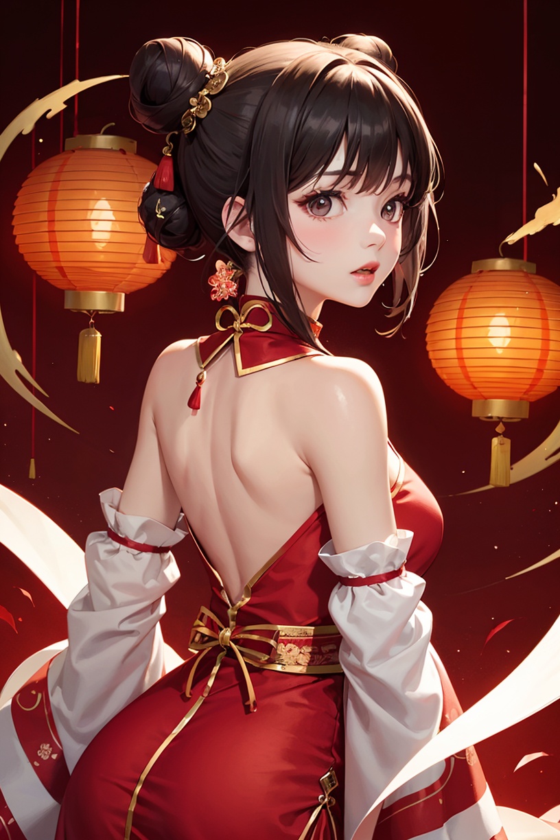 neo-chinese style,national tide,1girl,dress,red dress,solo,red background,hair bun,lantern,new year,new year costume,red theme,detached sleeves,black hair,paper lantern,single hair bun,from behind,arm warmers,short hair,new year 2021,<lora:sdxl_National fashion:0.8>,masterpiece,best quality,