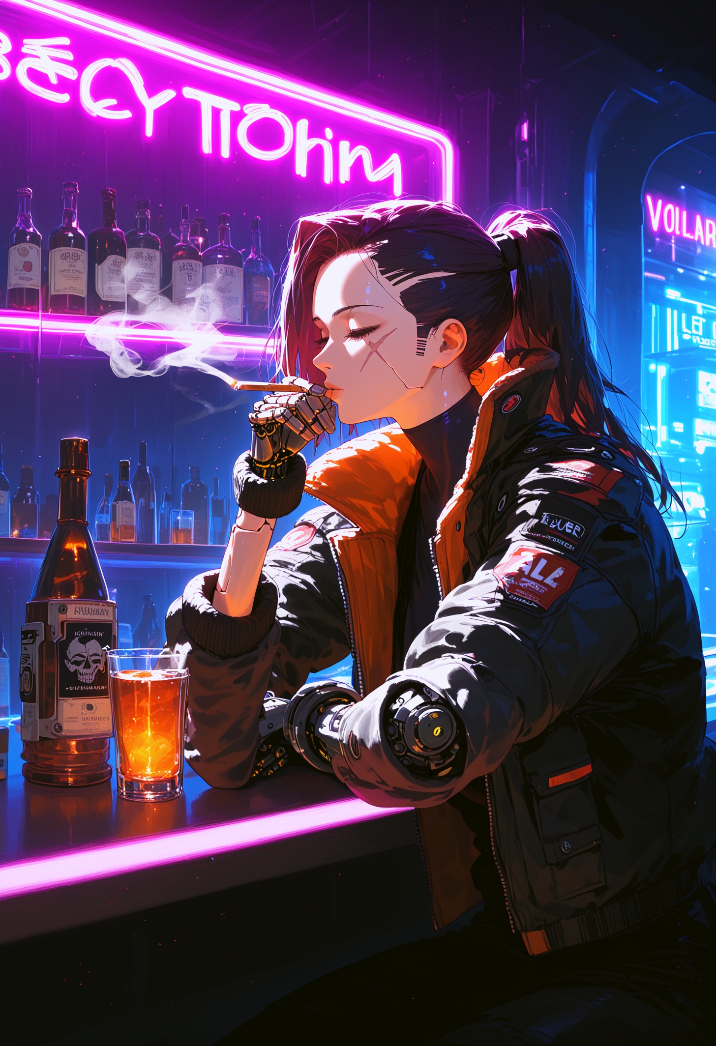 cyberpunk bounty hunter relaxing at a bar,  ponytail,  scar on face on Tensor.Art