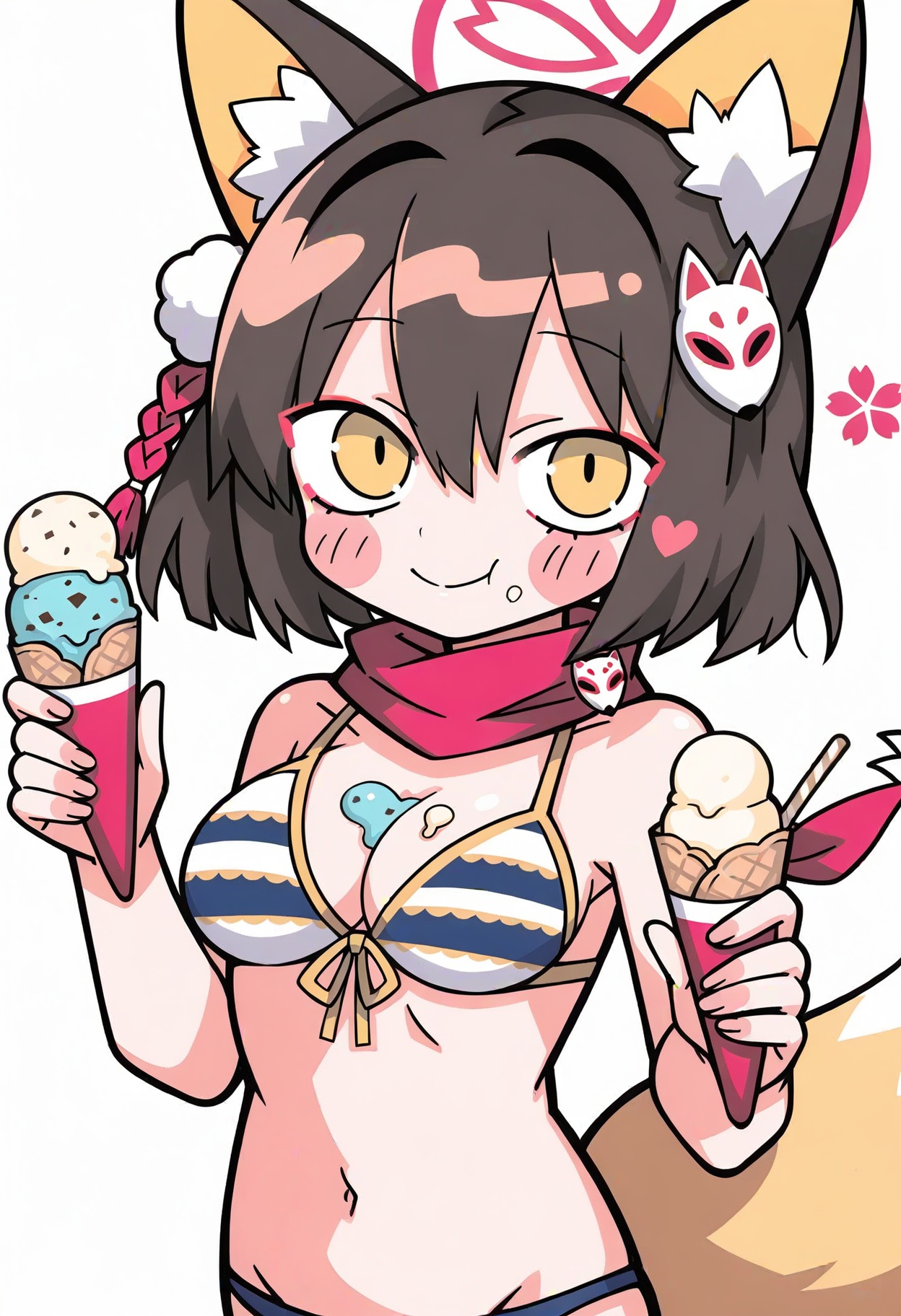terada tera,1girl,izuna \(blue archive\),solo,simple background,looking at viewer,animal ear fluff,bikini,fox tail,breasts,navel,medium breasts,short hair,red halo,ice cream,ice cream cone,pink halo,swimsuit,fox girl,hair between eyes,closed mouth,animal ears,yellow eyes,blue bikini,white background,striped bikini,holding,tail,red scarf,blush stickers,brown hair,food on face,food on body,holding food,smile,cleavage,striped clothes,fox ears,flower \(symbol\),scarf,halo,