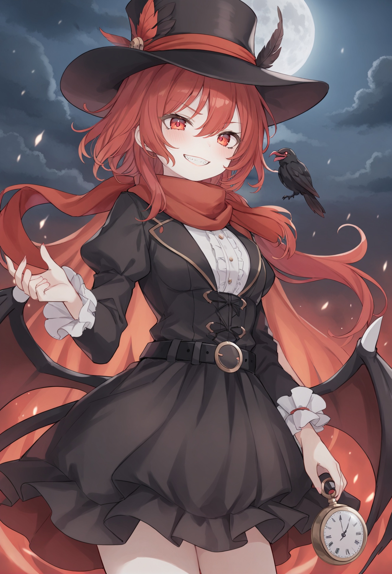 masterpiece, best quality,1girl, solo,Judgment,The devil who vowed to destroy everything,red scarf,cowboy hat,red hair,monster Girl,red eyes,lolita black dress,red hair, top hat with feather, grin, sharp teeth, belt, teeth, looking at viewer, dress, top hat, hat feather, feathers,pocket watch, Red Thunder,Raise the Storm,Full Moon,Devil's wings fully opened,Devil's Tail,Laughing